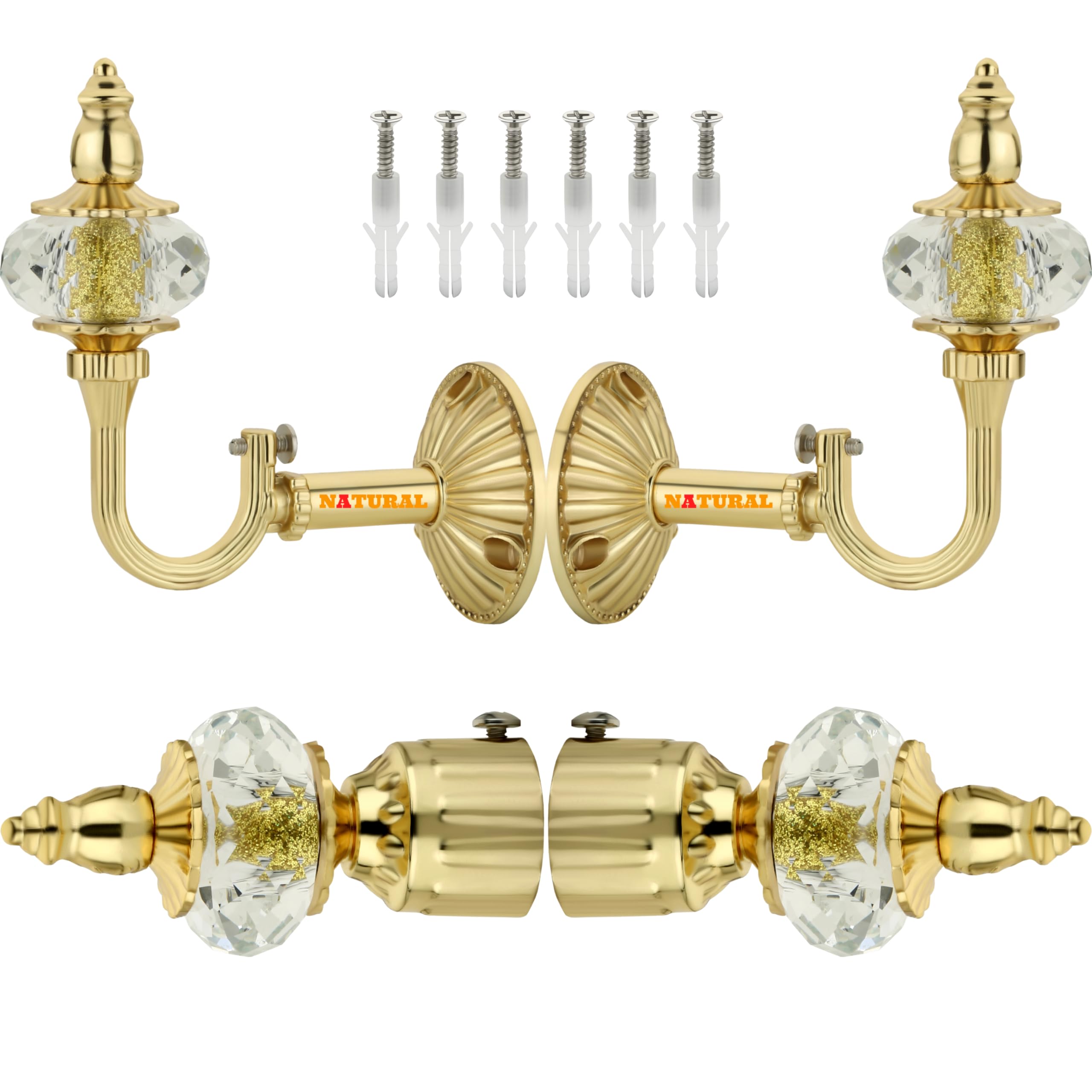 NATURAL Heavy Duty Aluminum Royal Luxury Design Curtain Bracket/Finial and Curtain Support with Screw/Wallplug for Window & Door Curtain Fittings Suitable Upto 1 Inch Pipe. (2 Set, Gold)
