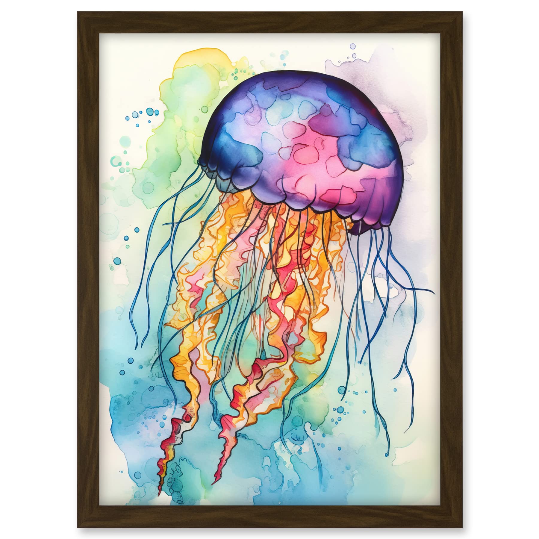 Artery8 Jellyfish Swimming Folk Art Watercolour Painting Artwork Framed A3 Wall Art Print