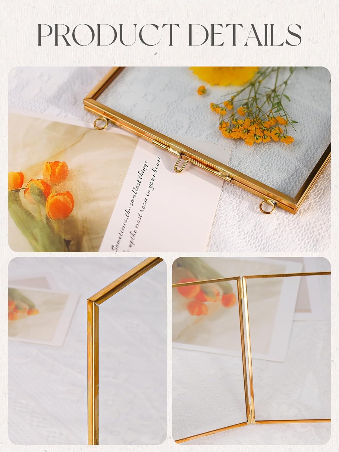 REDHUGO Hanging Pressed Flower Frames, Double Glass Floating Picture Frame Handmade, Glass Frame for Pressed Flowers, Vintage Brass Picture Frame for Artwork Wall Display Mount, Gold, 6x8 Inches