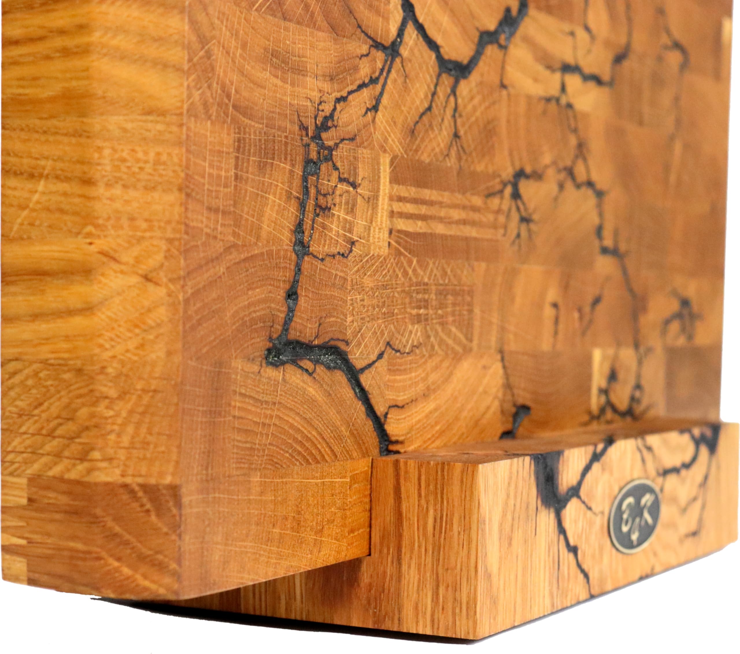 B4K® Hackblock mit Ständer aus Eiche 35x25x4 cm | Lichtenberg-Blitze Design | Premium Hirnholzbrett mit Griffen | Handgefertigtes Schneidebrett | Antibakteriell & Messerschonend