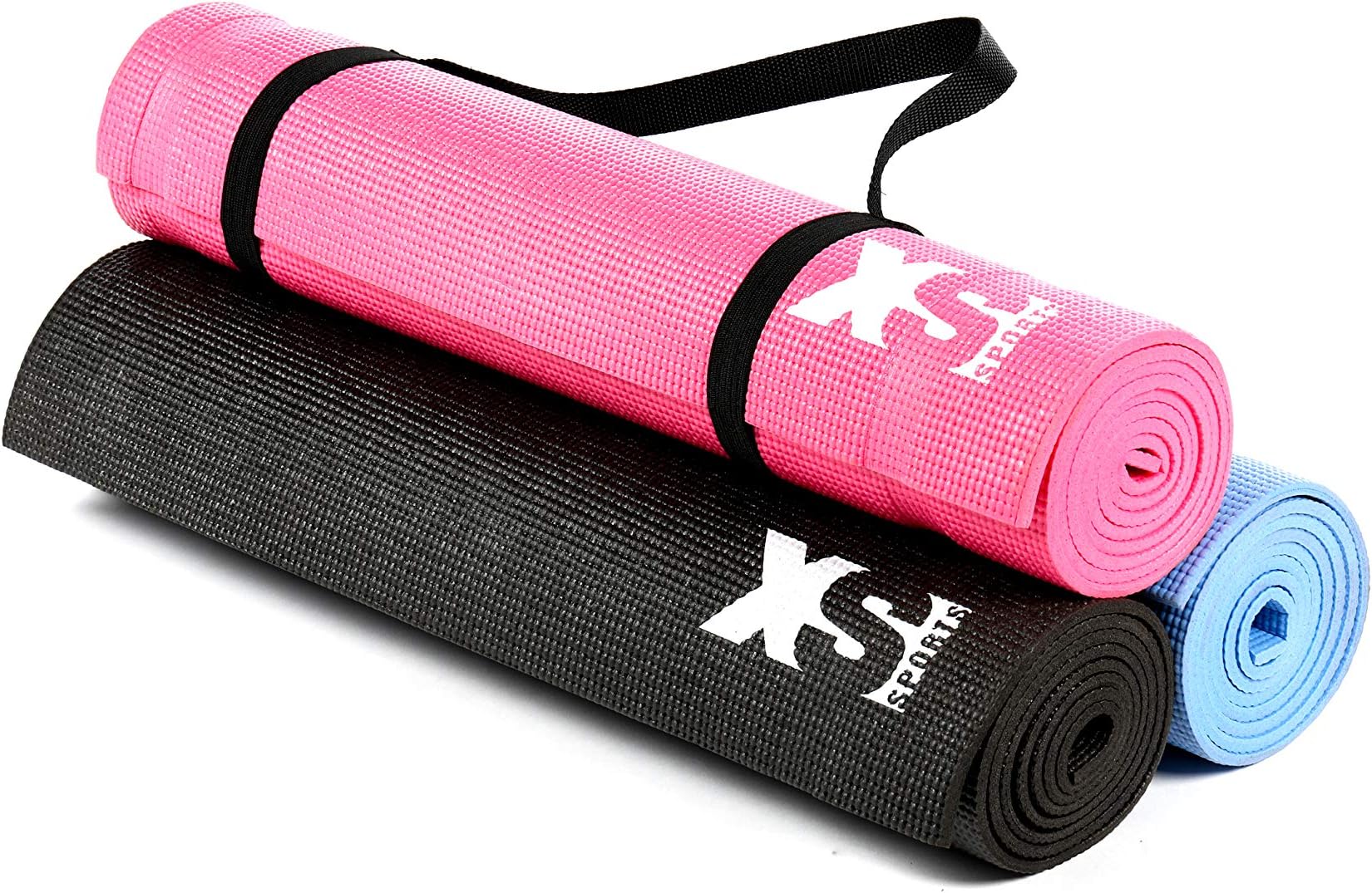 XS Sports Thick Yoga Exercise Mat - With Carry Strap + Bag for Travel - Hot Design, Non Slip Sticky - Perfect for Fitness Workout, Pilates