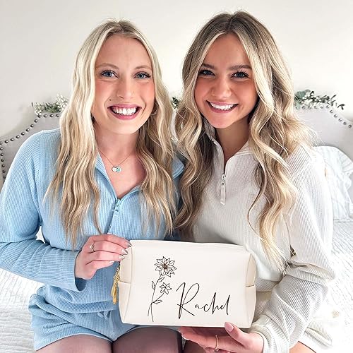 Miniatura 3 de Bolsa de maquillaje personalizada con nombre y flor de nacimiento, bolsas de cosméticos de cuero personalizadas para mujeres, bolsa de aseo de viaje