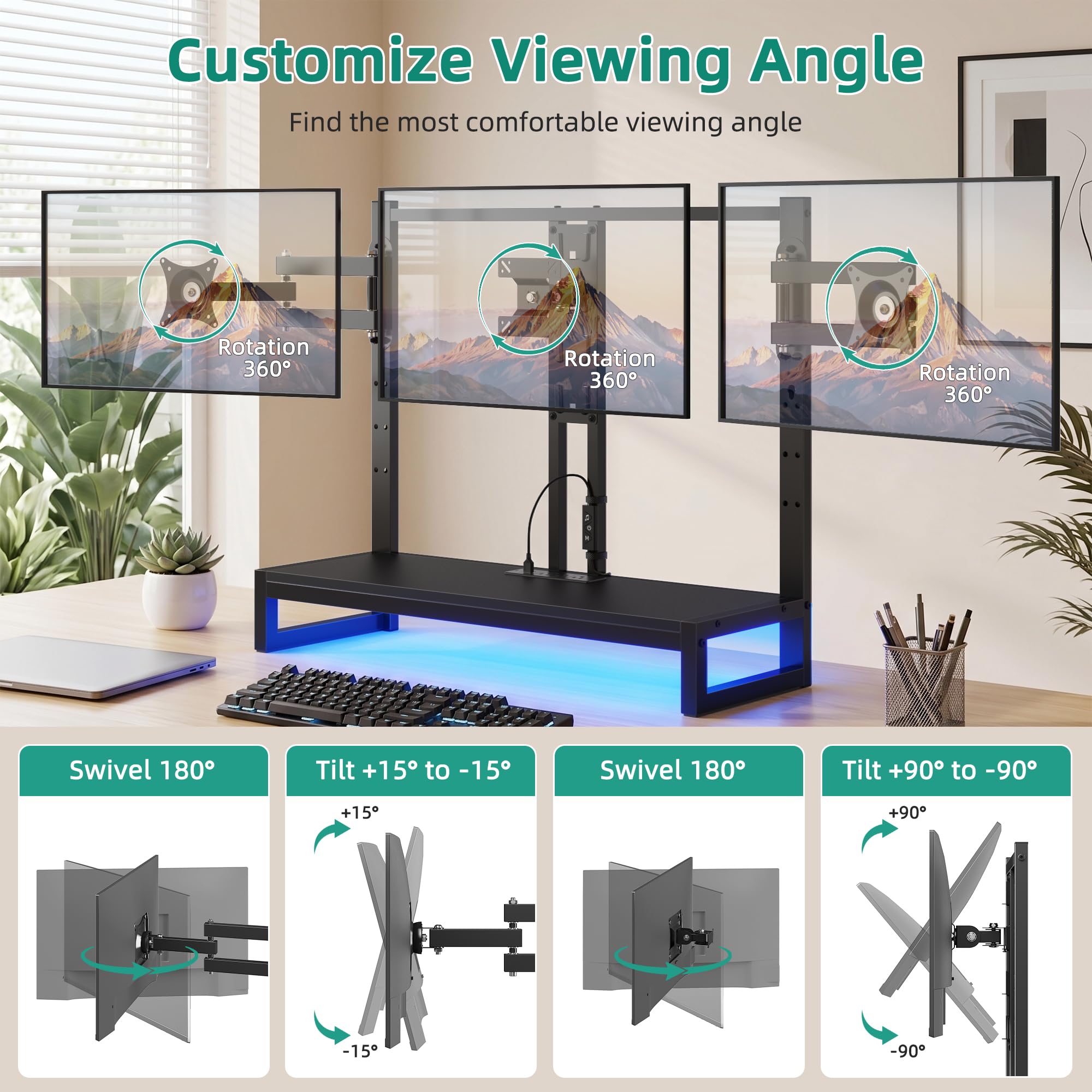YAOHUOO Brazo de monitor con LED, soporte ajustable para monitor de escritorio para 3 pantallas, elevador de soporte completo resistente con abrazadera, estante de almacenamiento para oficina, sala de