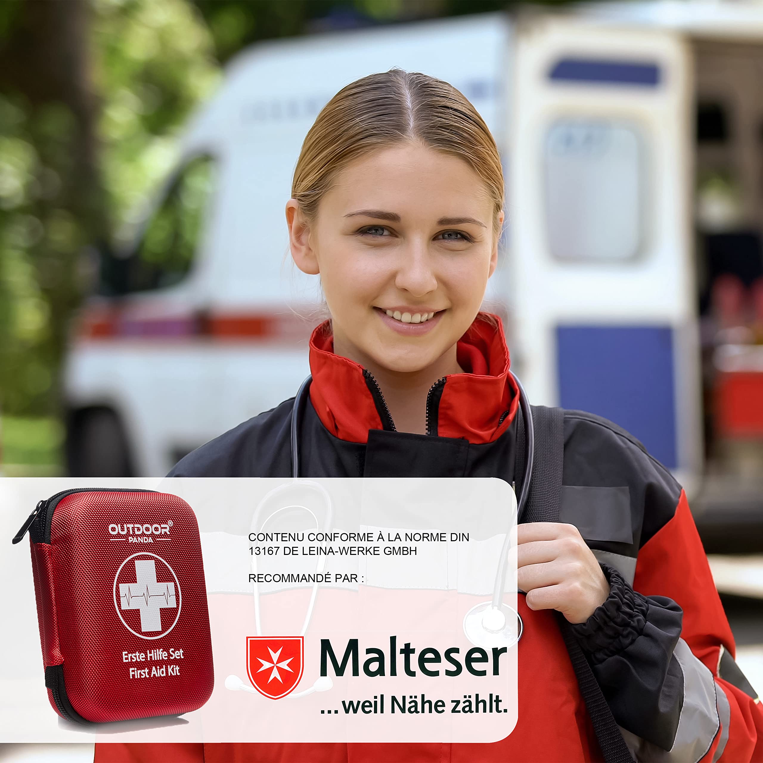Kit de premiers secours d'urgence avec contenu en provenance d'Allemagne selon la norme DIN 13167 + aide respiratoire d'urgence + gel Burnshield pour brûlures