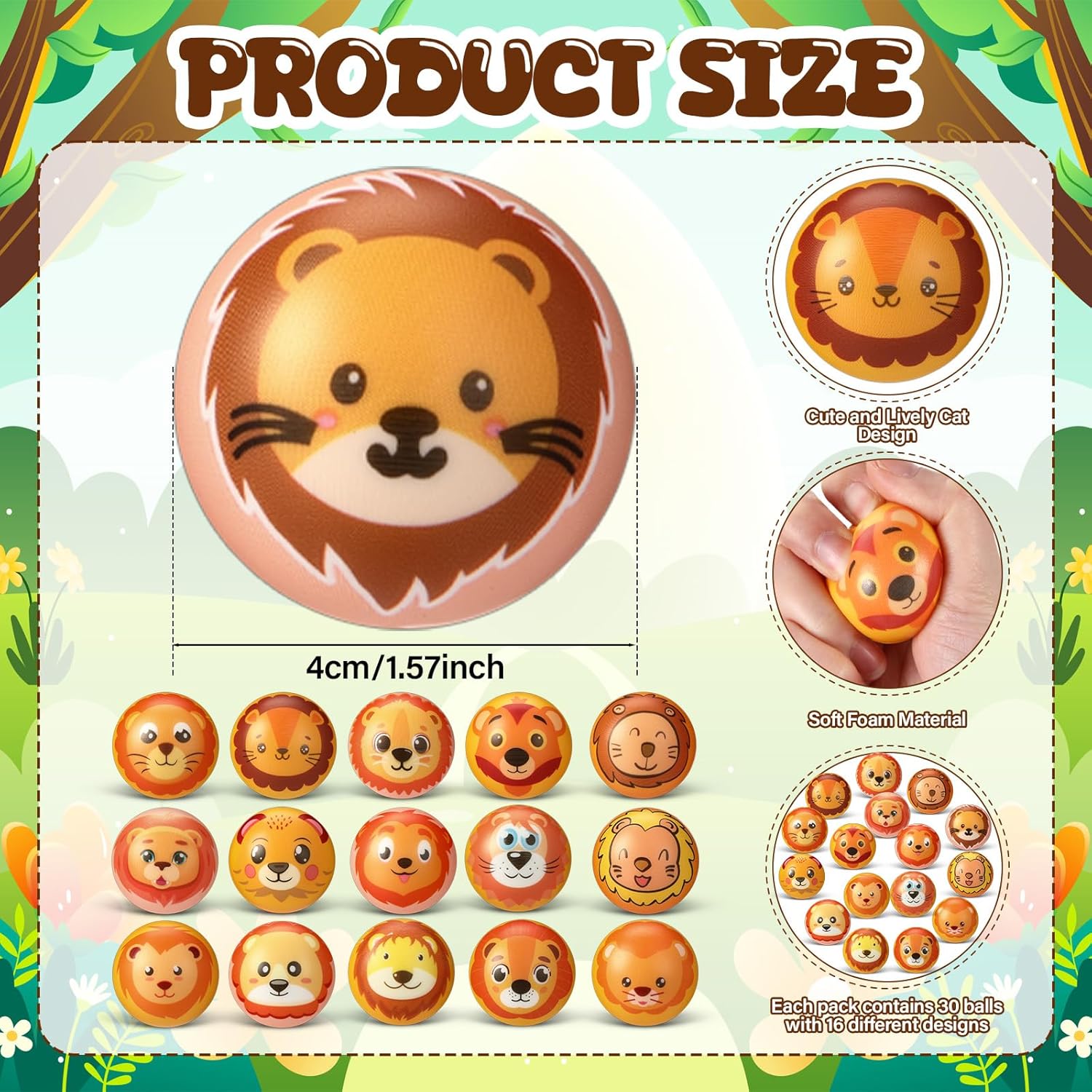 Skylety 30 Pcs Animal Stress Balls Mini Lion Cat Foam Squeeze Mini Bouncy Ball Hand Exercise Fidget Gift for Valentine Birthday Party Favor Decorations Adults Reward Goodie Bag Stuffer