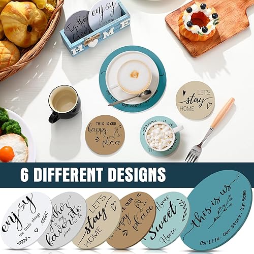 Miniatura 5 de Queekay Regalos de inauguración de la casa para el nuevo hogar, 5 posavasos de madera y 1 salvamanteles de granja para platos calientes, juego de