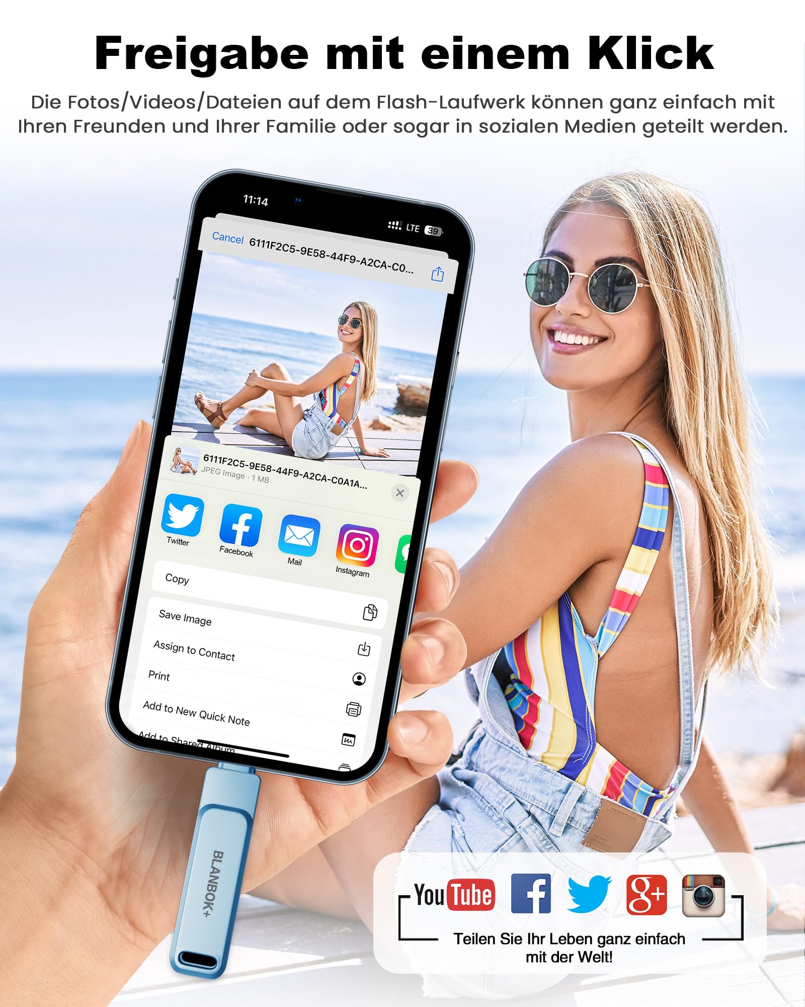 Apple Chiavetta USB certificata MFi per cellulare, unità flash 3 in 1 per iPhone, iPad, Android e PC, memoria USB 3.0 ad alta velocità, per backup di foto e dati (blu, 256 GB)