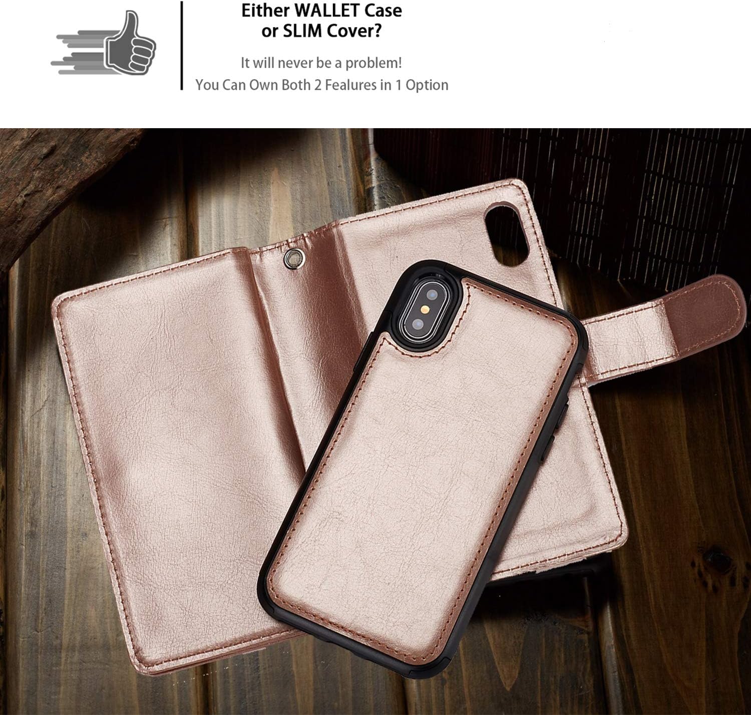 XRPow iPhone X Case, iPhone Xs Wallet Case, [2 in 1] Magnetic Detachable Wallet Case [PU Leather] Folio Flip [9 Card Slot] [Wrist Strap] Durable Protection Back Cover for iPhone X/XS 5.8Inch Gold