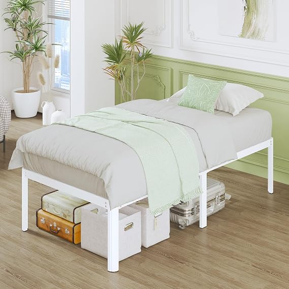Lutown-Teen 3ft Single Bed Frames 41 cm High with Rounded Corner Legs, Heavy Duty Metal Bed Frame Single with Steel Slats, No Noise, Easy Assembly, White