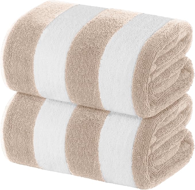 White Classic Beach Towels Oversized Cabana Stripe Cotton Bath Towel Large - Luxury Plush Thick Hotel Swim Pool Towels for Adults Super Absorbent Quick Dry - 35x70 Beige [2 Pack]