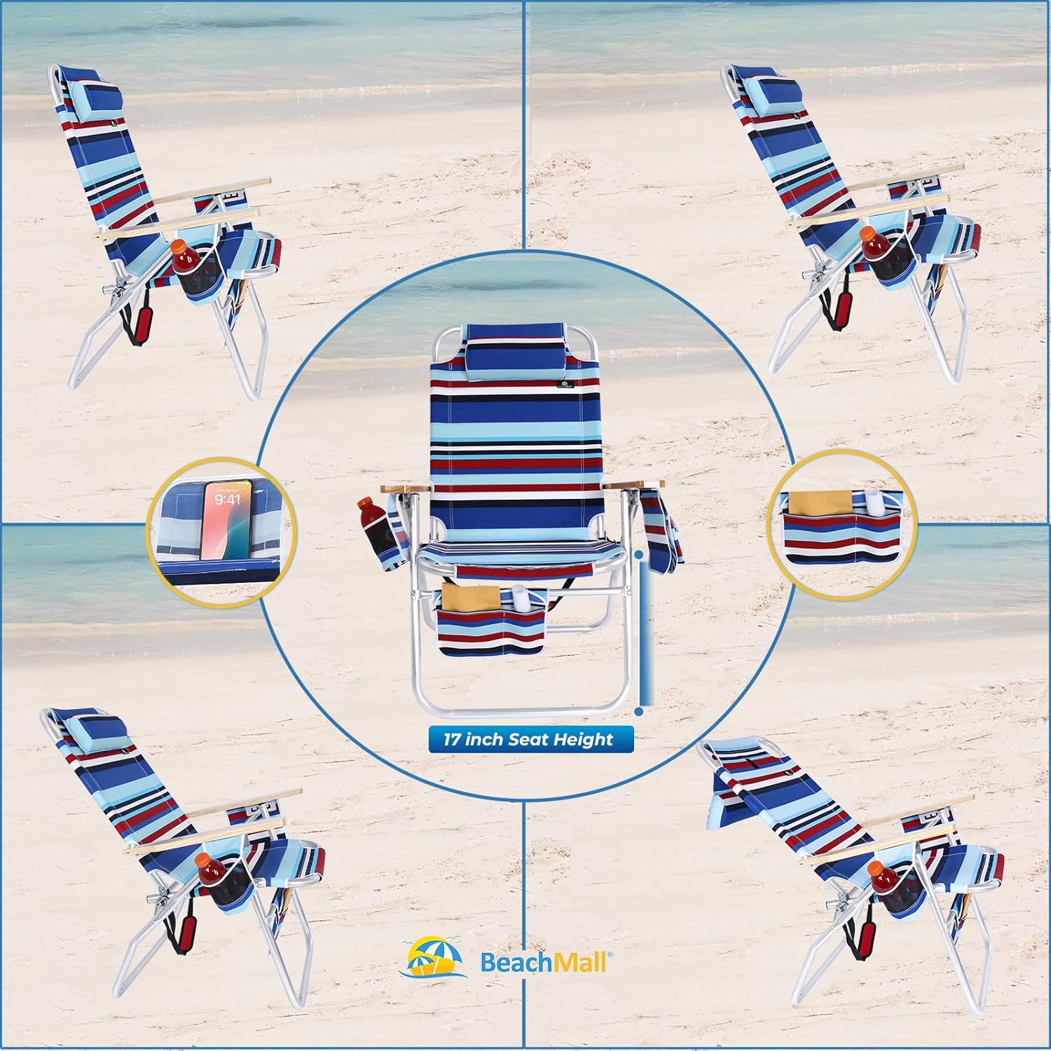 Deluxe XL Tall 17 Inches High Seat Beach Chair for Adults Heavy Duty, Aluminum Frame, Wide Plus Size, 300 lb Capacity - Image 3