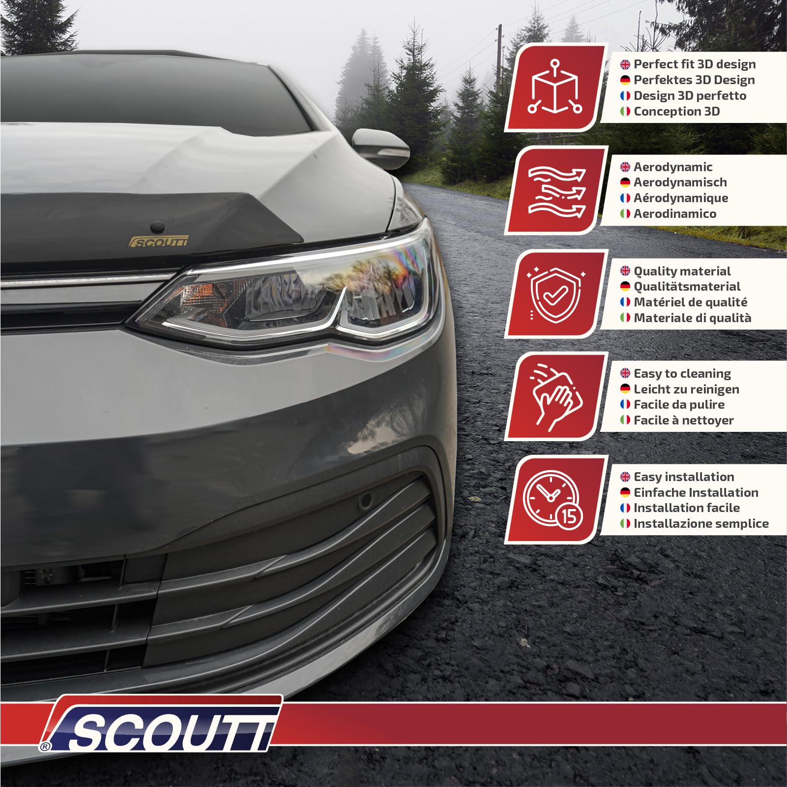 SCOUTT Bra de Capot Déflecteur de Protection pour Fiat Panda 3 2012-2024, Aérodynamique, Assemblage Facile, Aucun Perçage Requis