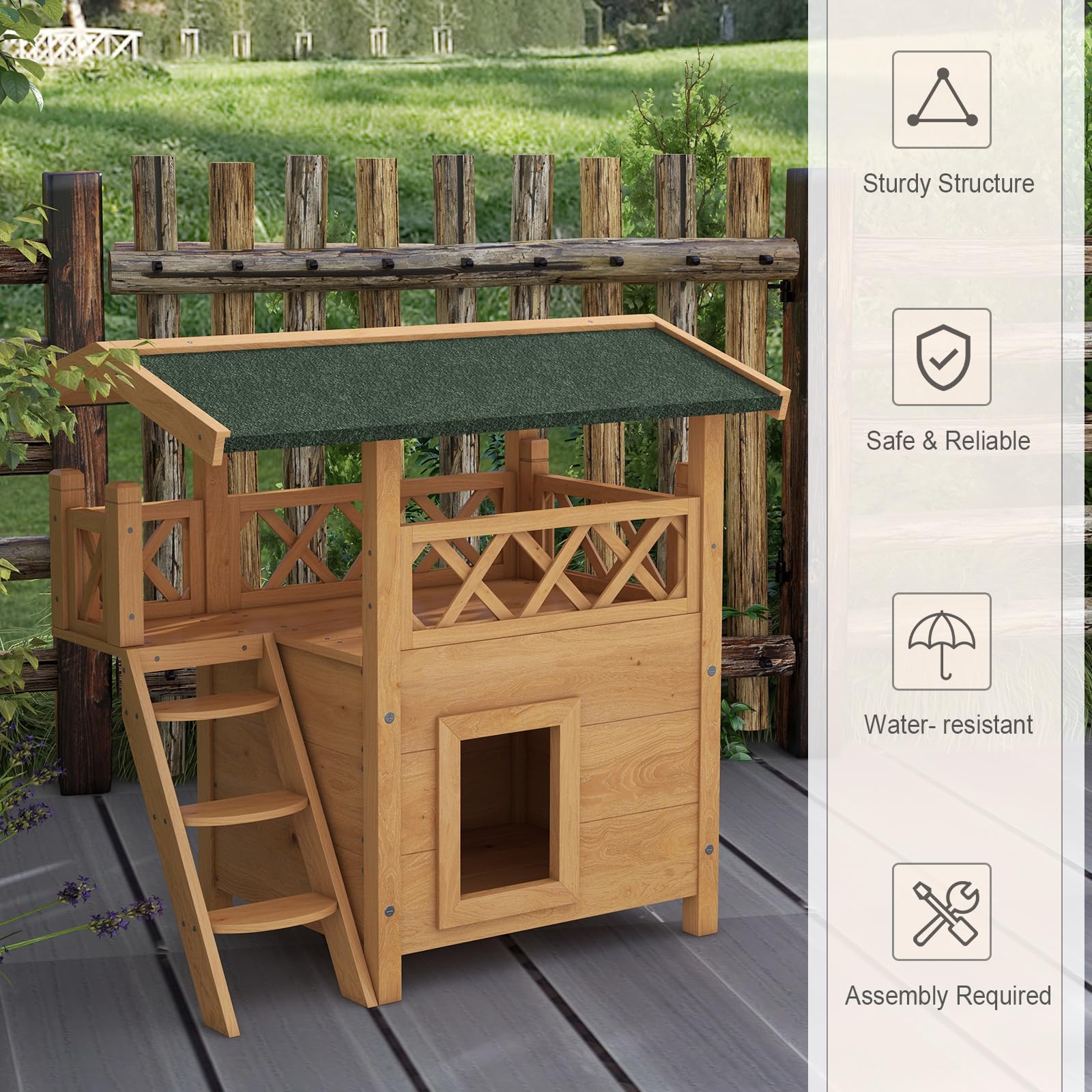 PawHut Wooden Cat House Outdoor Luxury Wood Room Weatherproof Shelter Dog Puppy Garden Large Kennel Crate Natural Wood product thumbnail 6