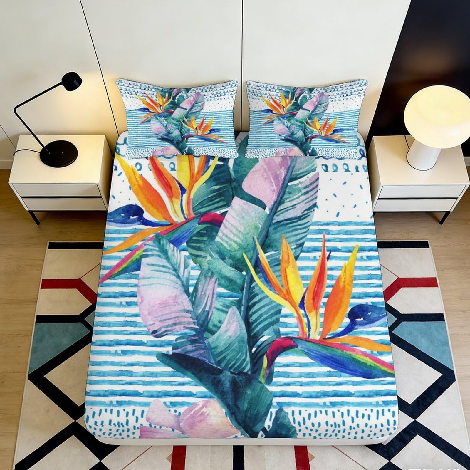 Zfldkwgb Style-8 3D Printed Tropical Bird Of Paradise Fitted Sheet Microfiber Soft Vibrant Leaf Mattress Cover For Bedroom Dorm Decor 90X200x25cm