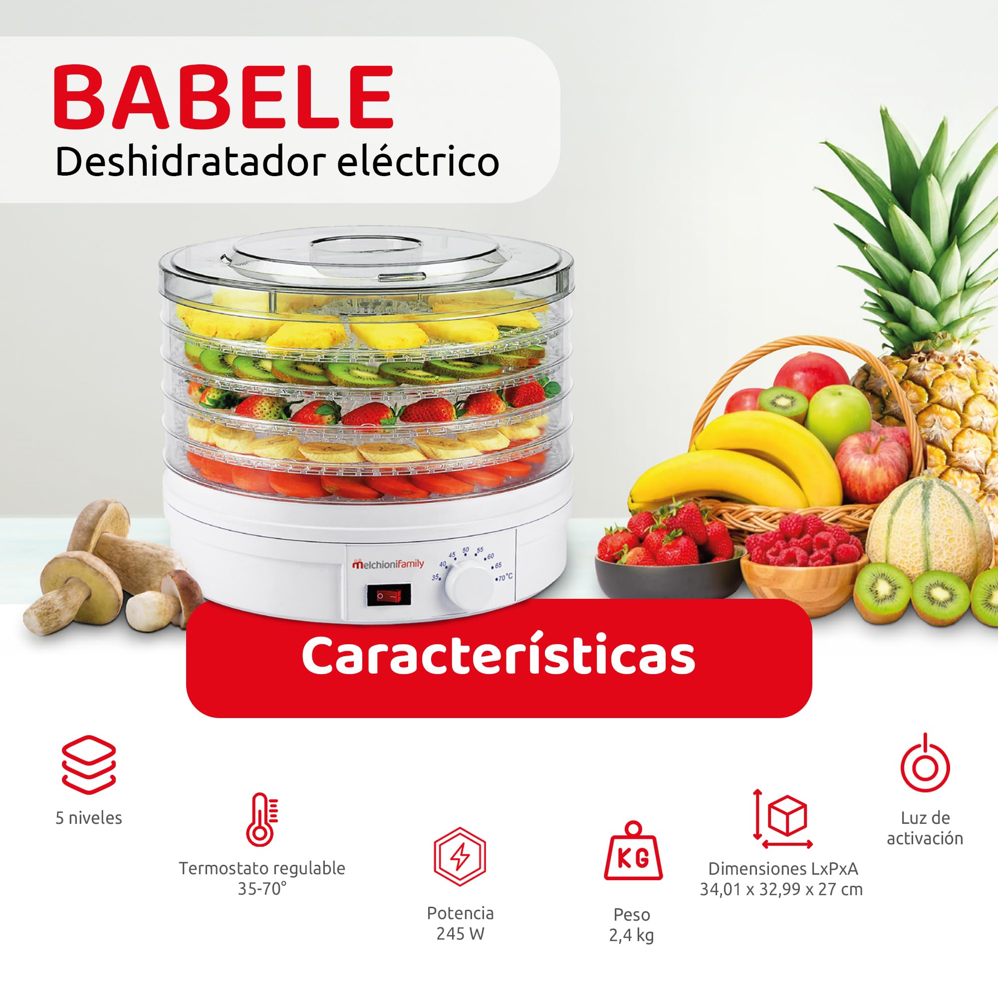Melchioni Family | Deshidratador Eléctrico BABELE, Deshidratador de Alimentos Multiusos, 5 Bandejas Apilables y Extraíbles, Potencia 250W, Temperatura Regulable 40–70°C