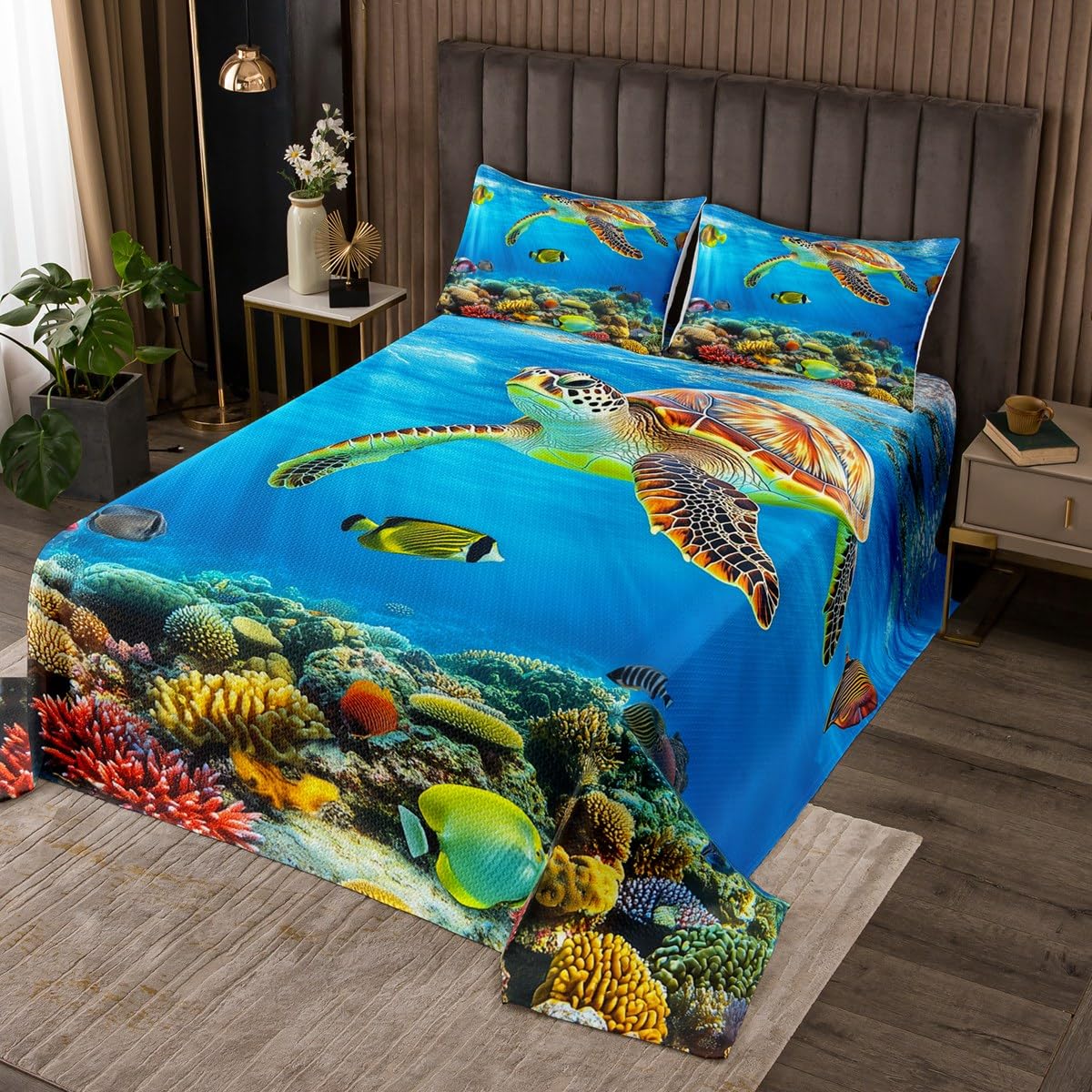 jejeloiu Cute Sea Turtle Bedspread for Kids Boys Girls Ocean Quilted Coverlet Reptile Tortoise Coastal Marine Life Coverlet Set King Size Room Decor Sea World Quilted