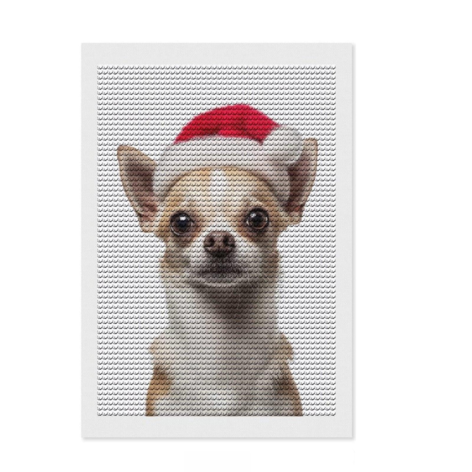 Junmoney Chihuahua Dog with Santa Hat Portrait Diamond Art Canvas 8"x12", for Craft Lovers, Neat Printed Canvas, Christmas Gift, Cosy Home Accent, Adhesive Canvas