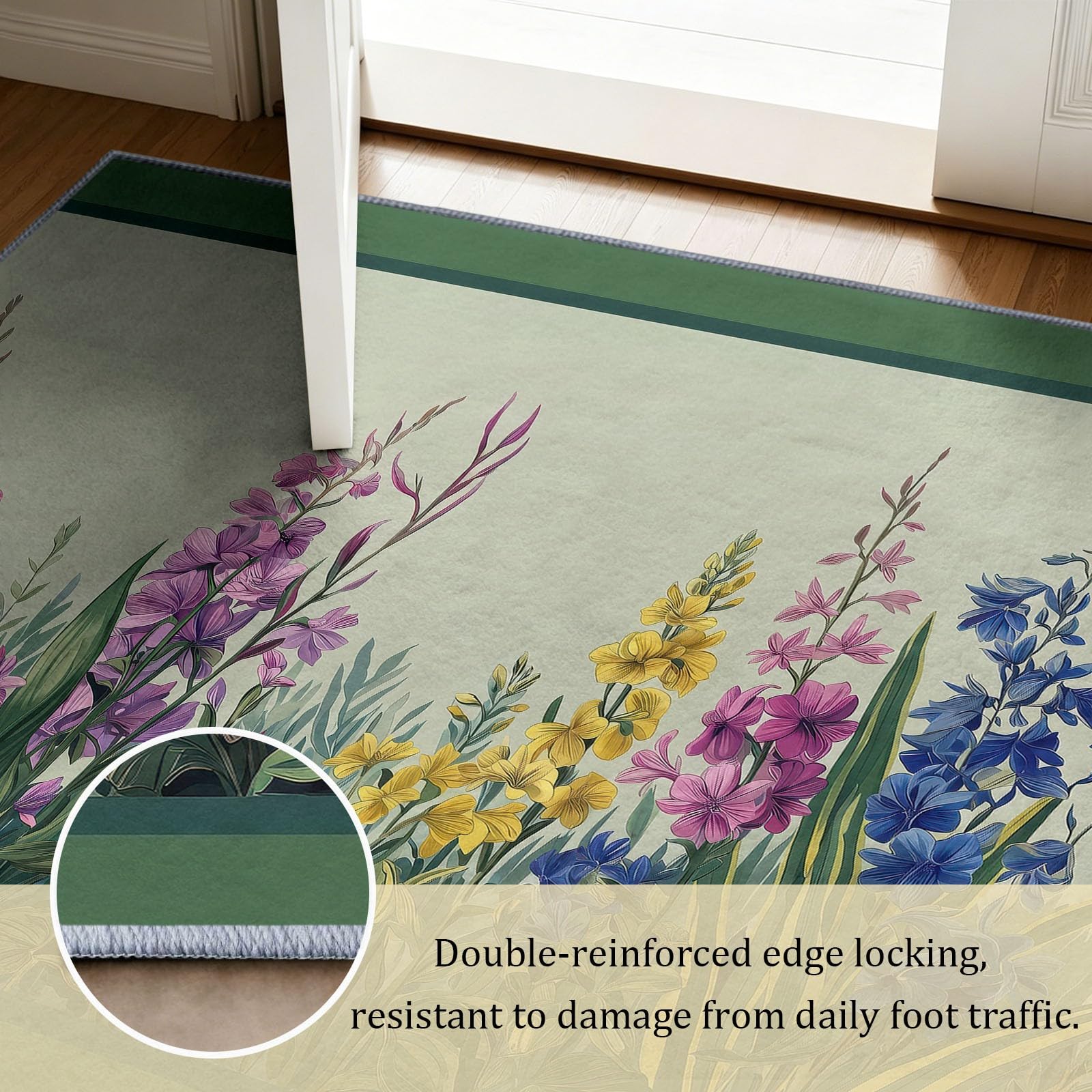 Tappeto con fiori e foglie, 80 x 150 cm, per camera da letto, con piante ad acquerello, morbido, antiscivolo, lavabile, per soggiorno, sala da pranzo, ingresso, interni