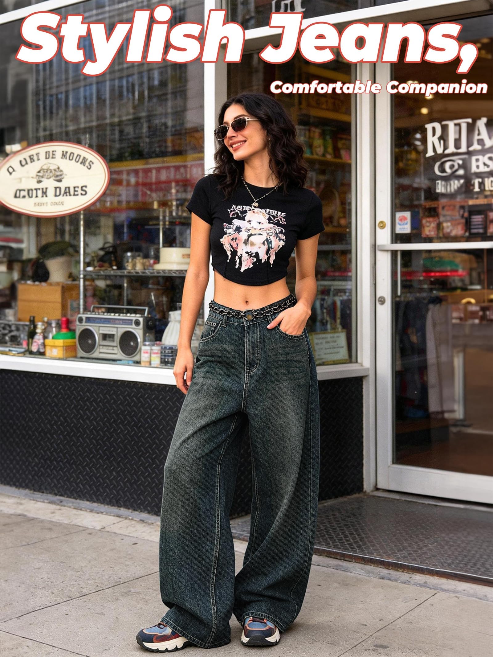 EMMIOL Baggy Jeans Damen Wide Leg High Waist Denim Hose