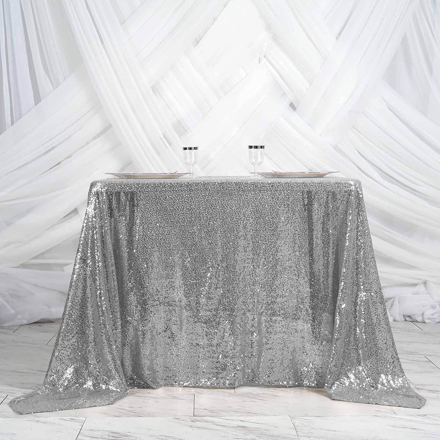 Efavormart 90" Premium Sequin Square Tablecloth Overlay for Wedding Banquet Catering Party Table Decorations-Silver