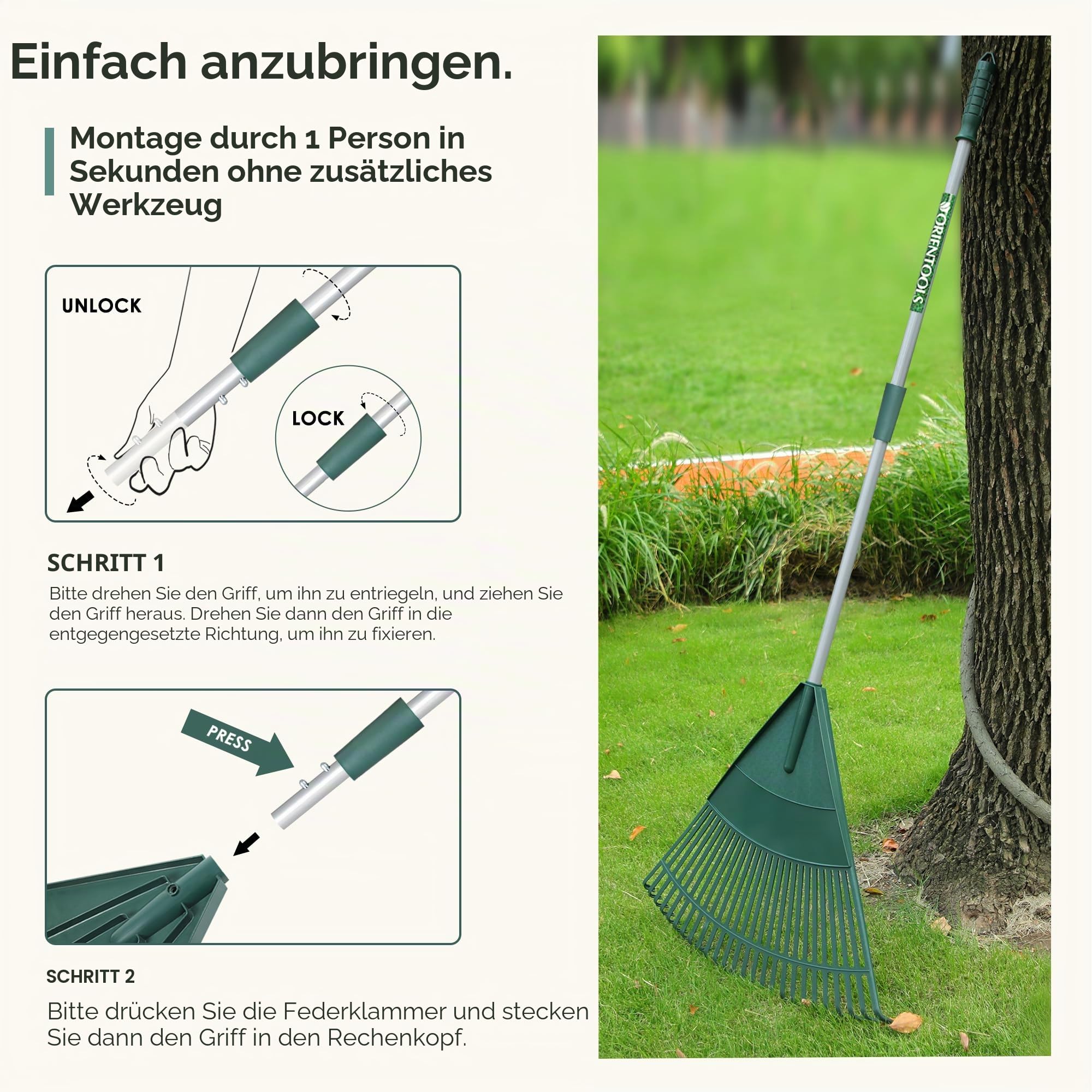 ORIENTOOLS Garten Laubrechen, Garten Rechen für Rasen Laub mit verstellbarem Griff 120 bis 165 cm Rechen, 26 Starke Zinken Kunststoff Kopf Strauch Rechen, Landschaftsbesen für Rasen und Blätter