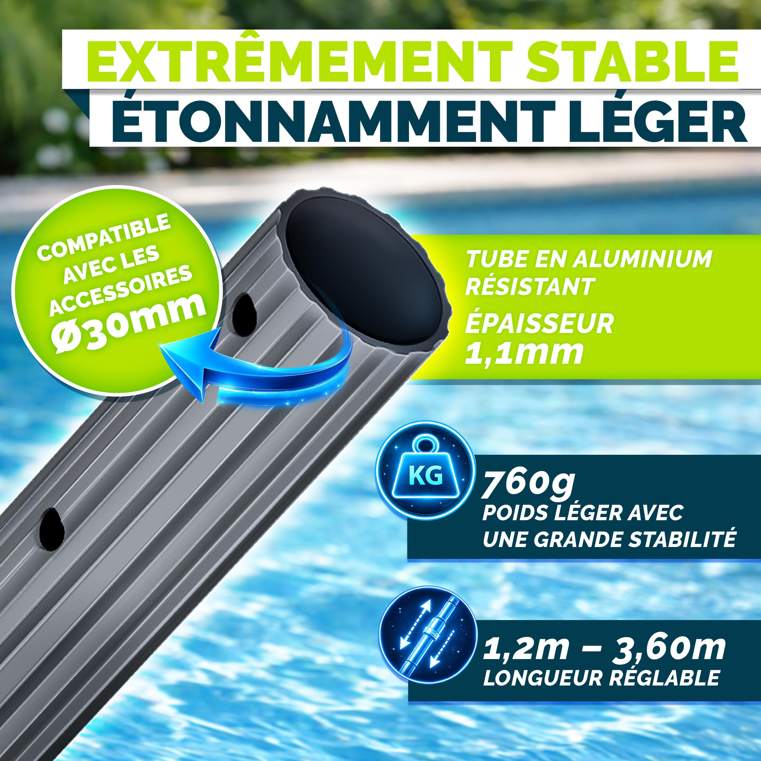 tillvex Barre Télescopique en Aluminium 1,20-3,60 m | Perche Alu Régable et Extensible per Nettoyage de Piscine, Surfaces | avec 3 Parties (Anthracite)