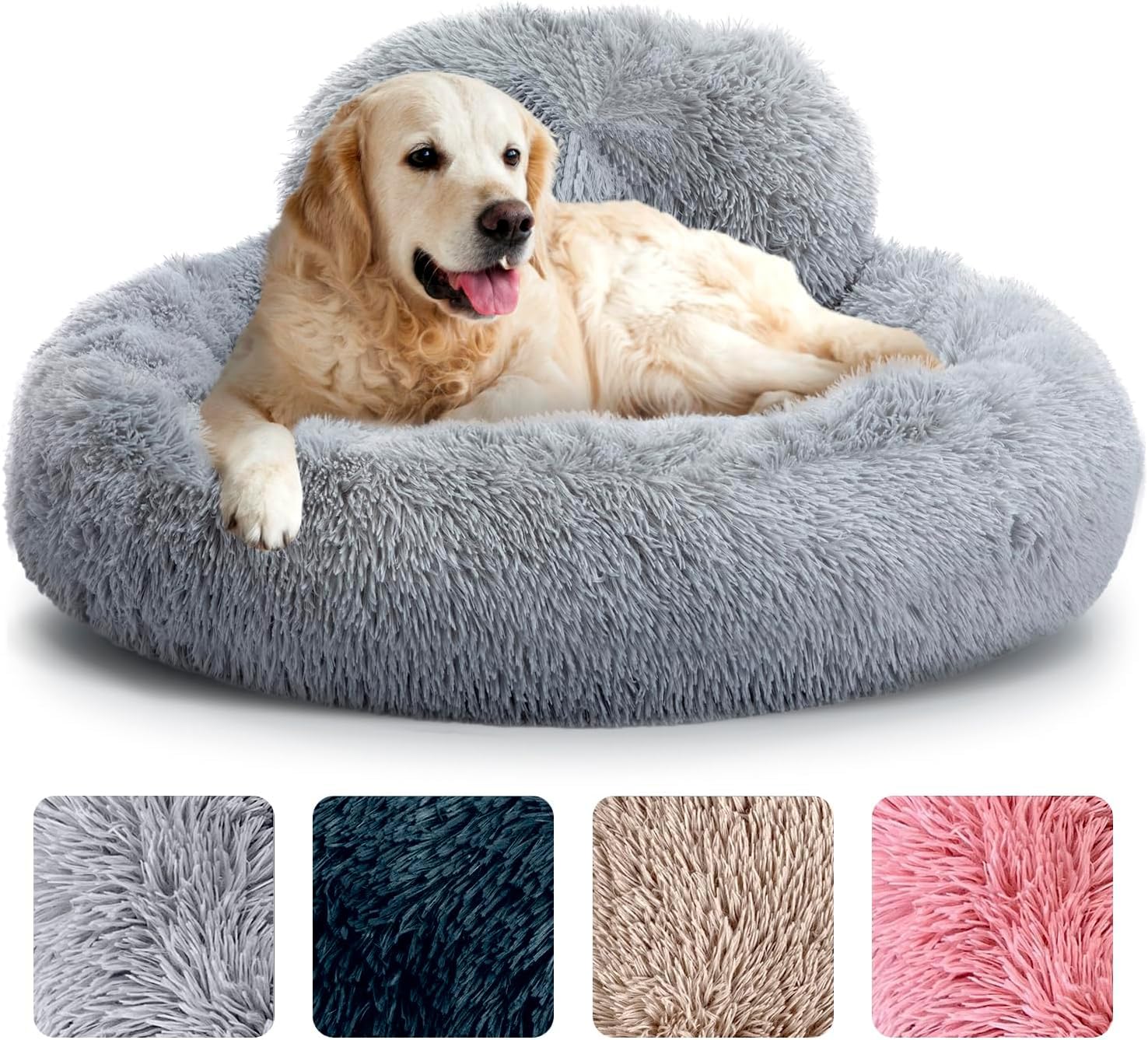 Dsocool Calming Dog Bed - Donut Dog Beds for Small, Medium, Large Dogs, Washable Round Dog Bed- Fluffy Plush Faux Fur Pet Bed, Anti-Anxiety Puppy Bed, 90cm Fits Up to 45kg Pets (Grey, L-90cm)