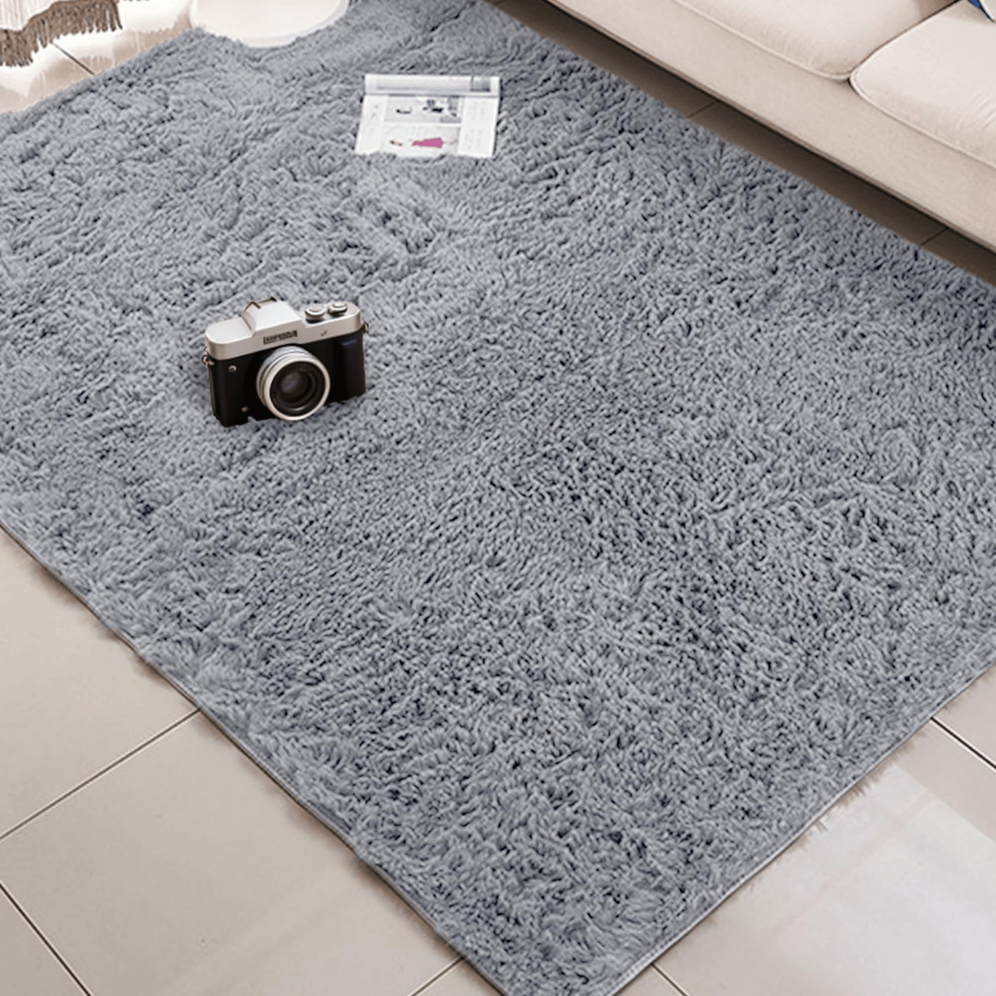 Tapis salon 220x350 moderne en peluche longs poils shaggy pour chambre et séjour