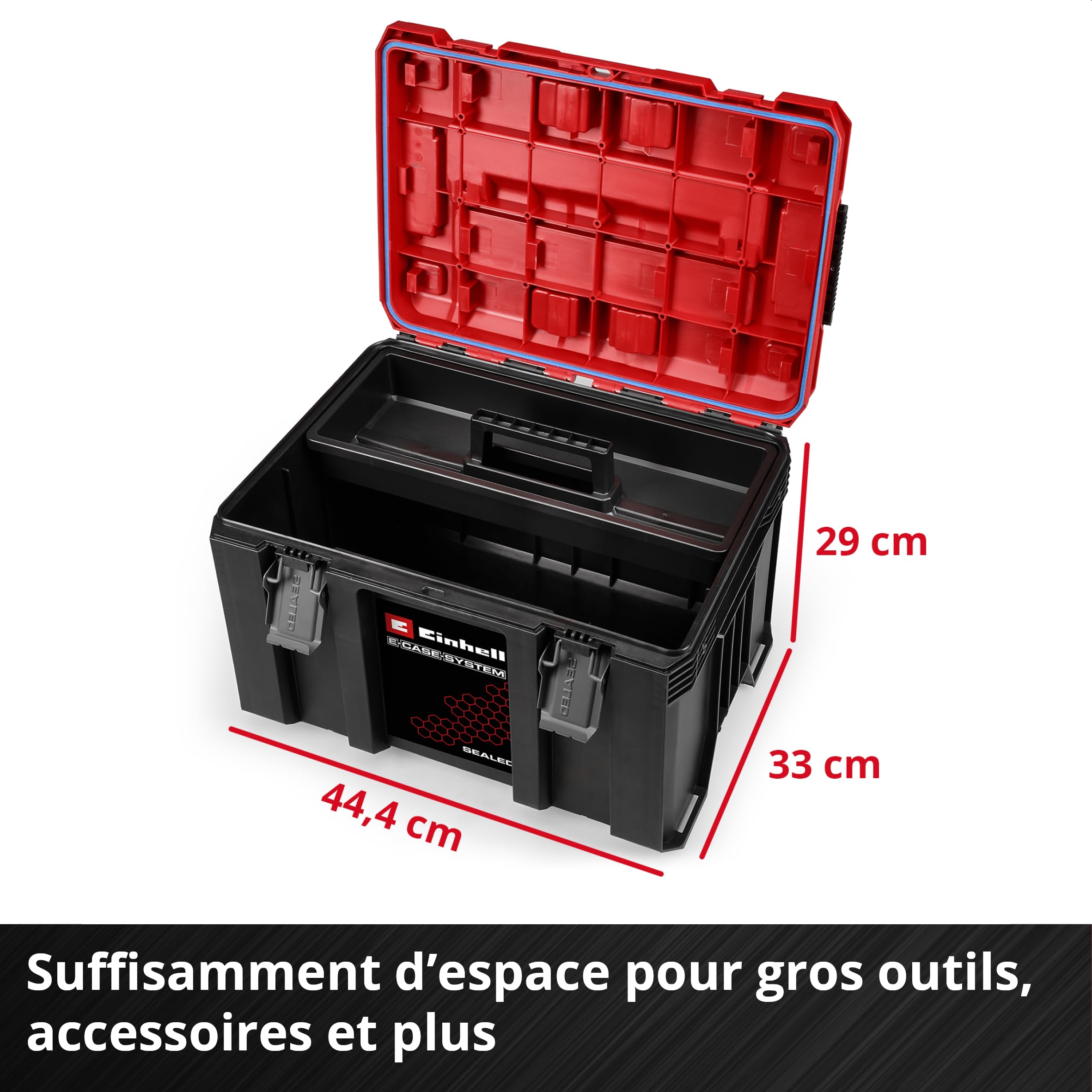 Einhell E-Case M SEALED (gamme E-Case, étanche à la poussière et aux projections d’eau, compatible avec les mallettes Half Size, 44 x 33 x 29 cm, charge max. 90 kg, poignée)