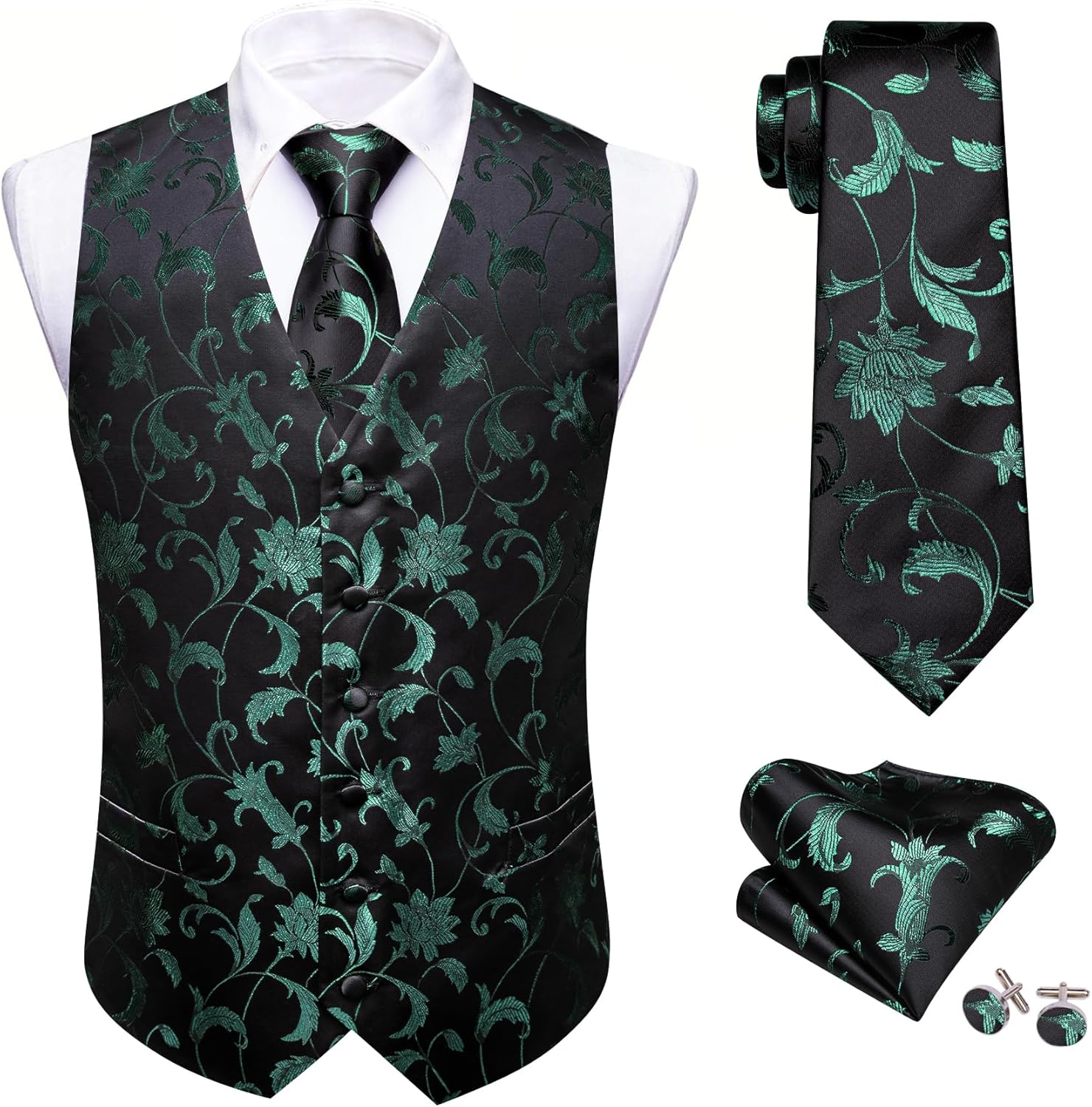 Barry.Wang Mens Suit Vest Paisley/Flower Silk Jacquard Waistcoat Ties Set Formal/Leisure 5PCS