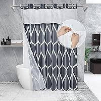 Vista 33 de Juego de cortina de ducha blanca sin gancho con forro de tela a presión, estilo hotel con ventana superior de malla transparente, diseño geométrico