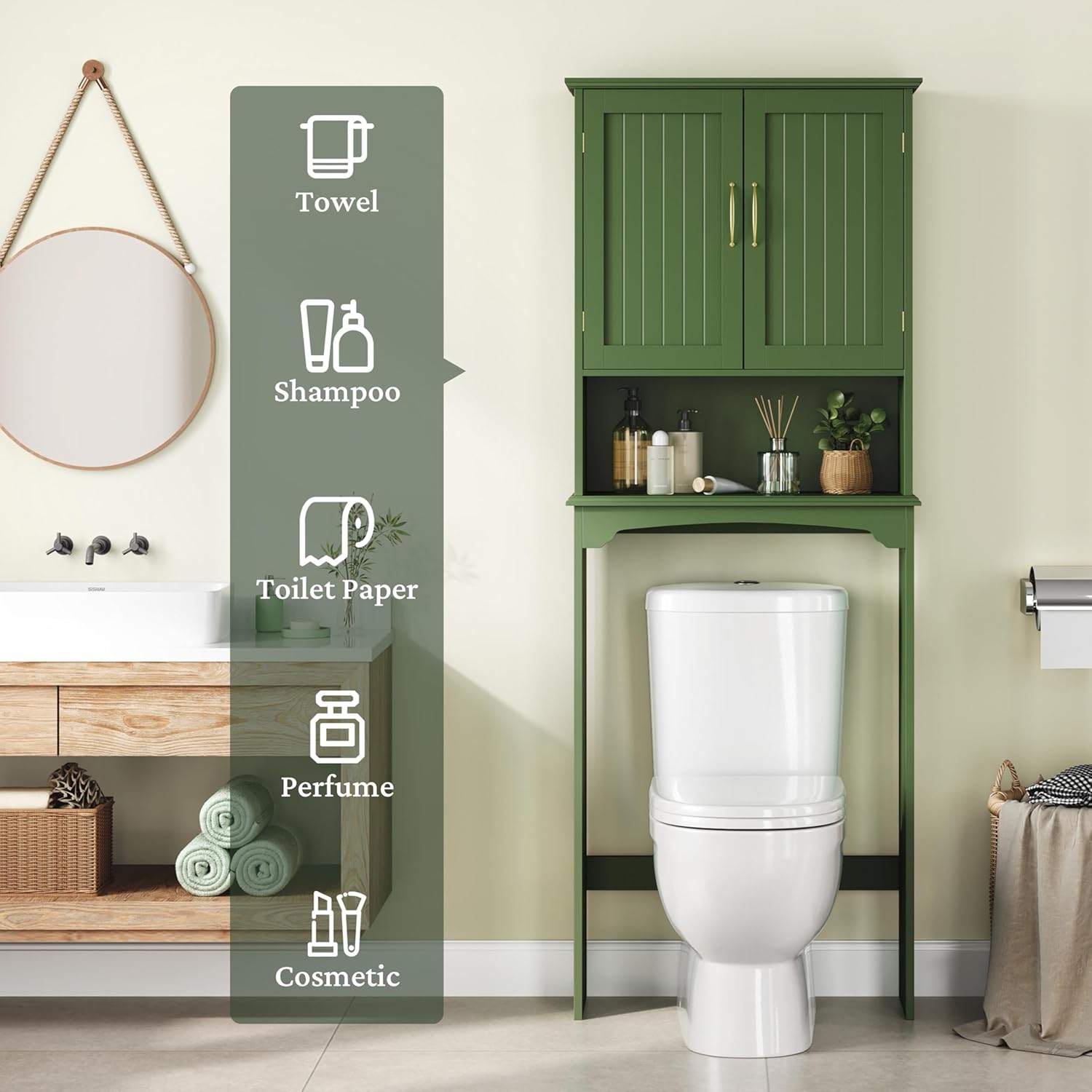 Yaheetech Over The Toilet Storage Cabinet, Over Toilet Cabinet with Adjustable Shelf, Bathroom Storage Organizer with Double Wood Doors, Green