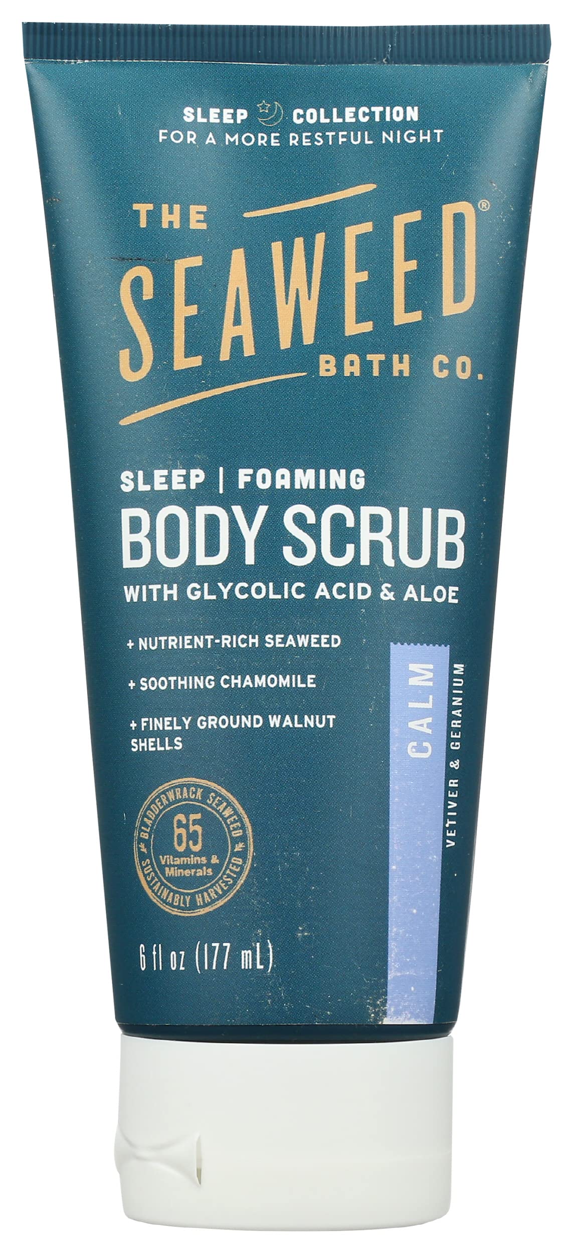 Seaweed Bath Co. Calm Body Scrub, Vetiver Geranium Scent, 6 Ounce, Sustainably Harvested Seaweed, Sea Kelp, Glycolic Acid