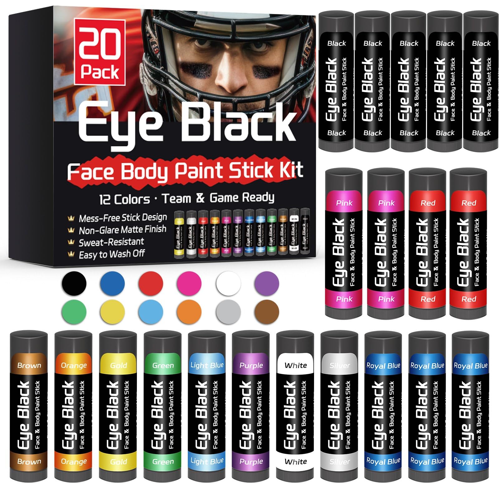 Eye Black Stick 20 Pack, 12 Colors Sports Eye Black for Football Baseball Softball, Anti Glare Eye Black Face Paint for Athletes & Fans, Retractable Under Eye Sports Paint Sticks for Game Day - 1