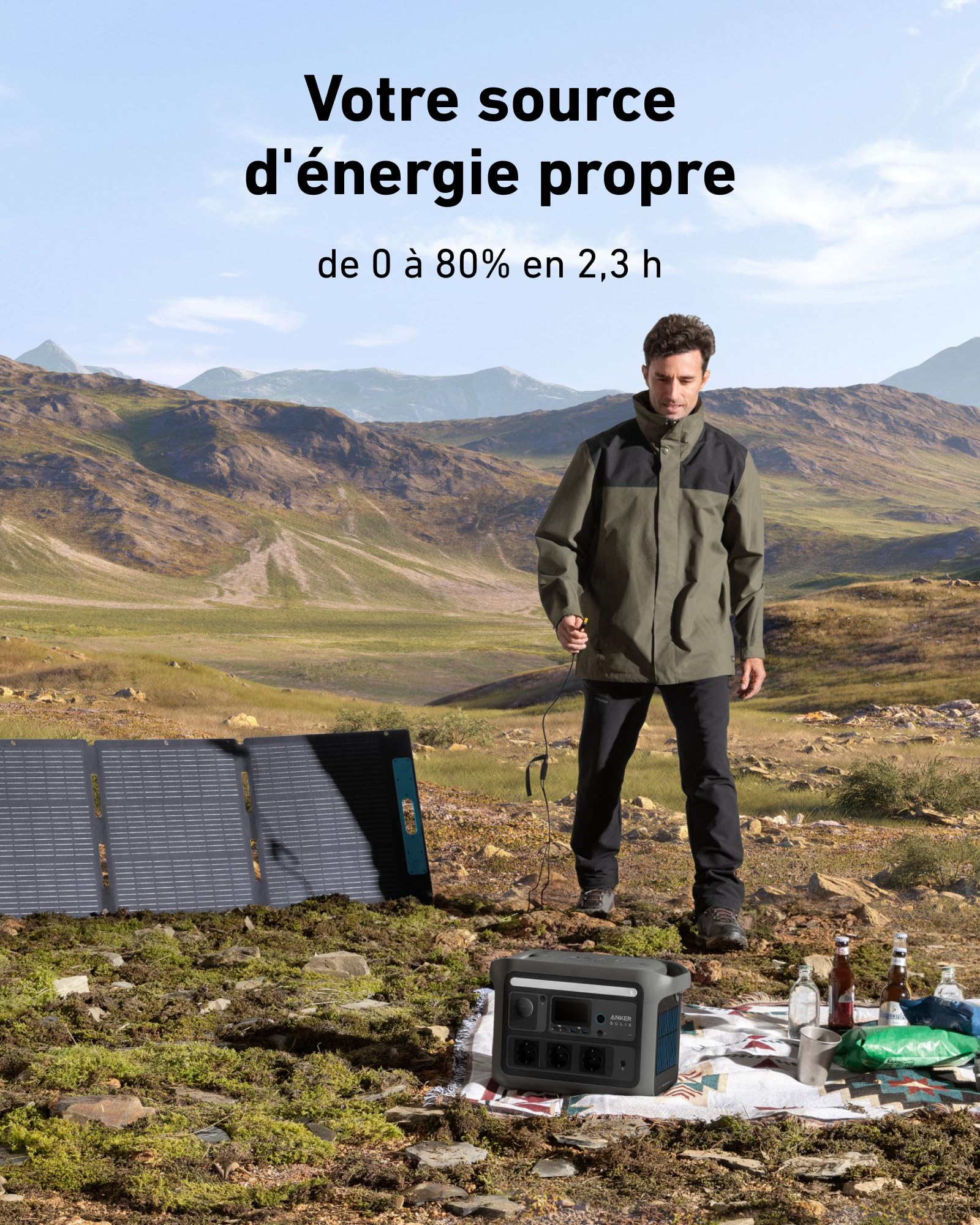 Anker SOLIX C800 Plus Station électrique Portable, générateur Solaire 1 200 W (1 600 W Max.) et Lampes de Camping, Recharge 58 Min, Batterie LiFePO4 768 Wh, Voyage, Maison (Panneau Solaire en Option)