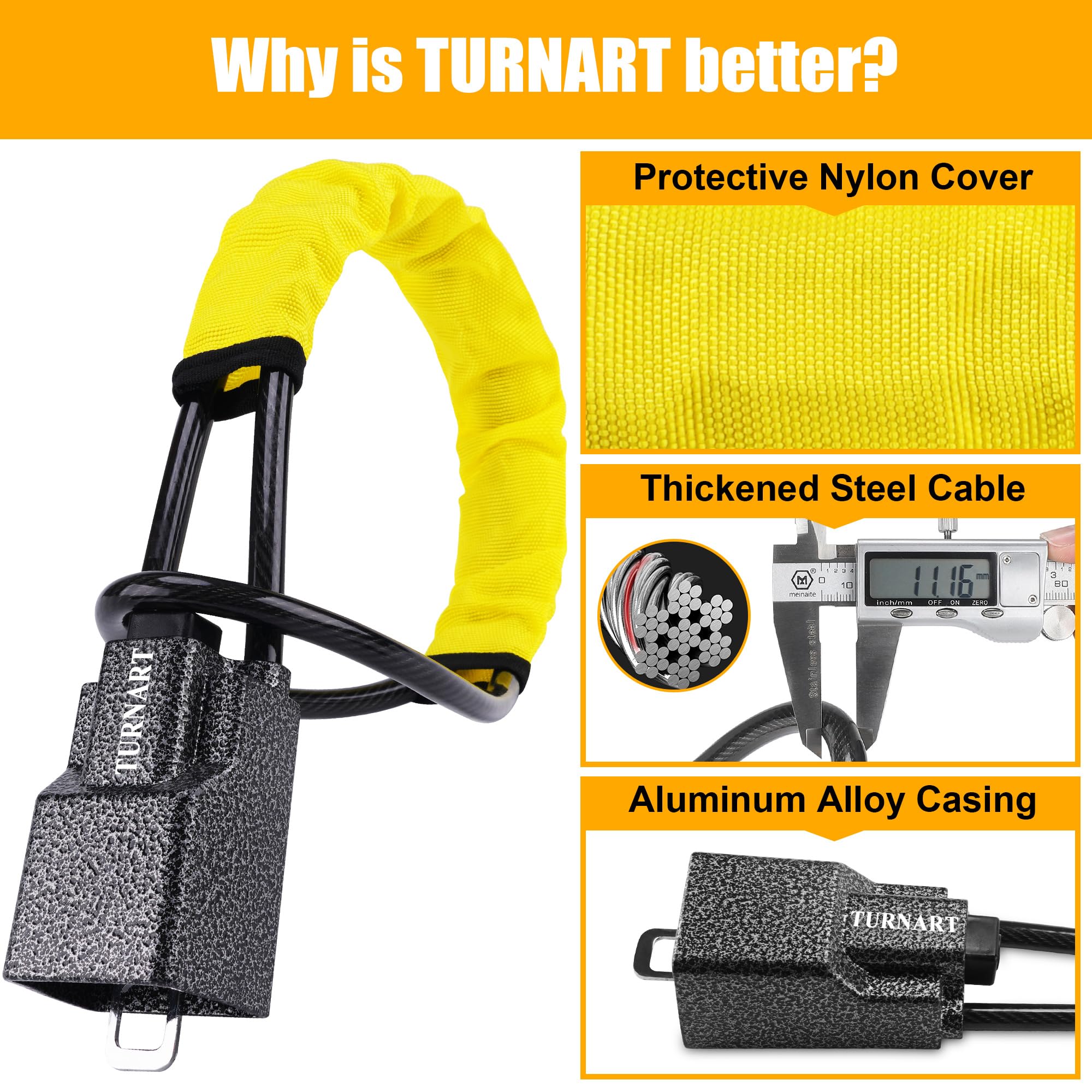 Turnart Steering Wheel Lock Seat Belt Lock Universal Fit Most Vehicles Sturdy Lock for Car Truck SUV Van Security with 3 Keys (Yellow) — view 4