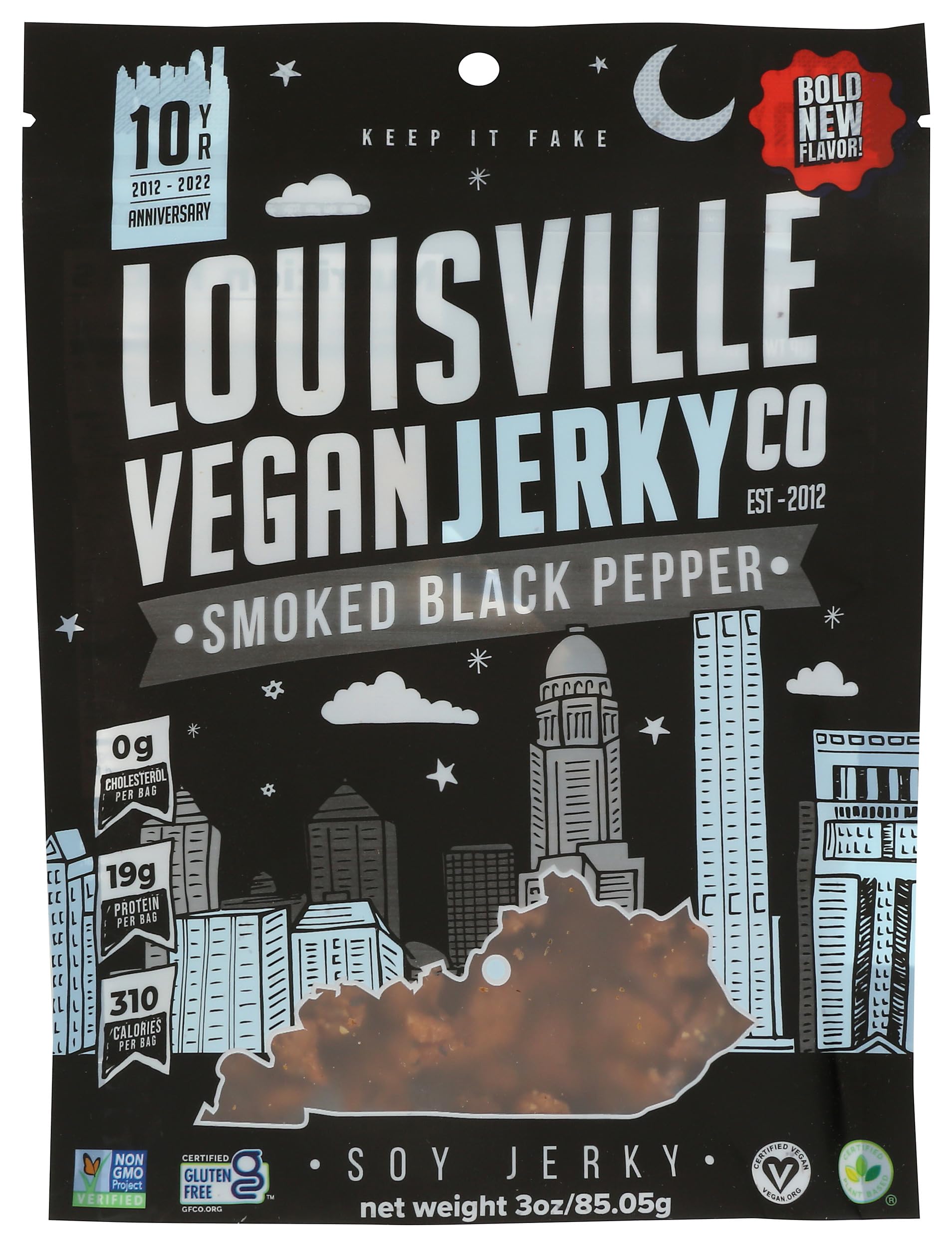 Louisville Vegan Jerky - Smoked Black Pepper Vegan and Vegetarian Meat, 19 Grams of Non-GMO Soy Protein, 310 Calories per Bag, Gluten-Free High Protein Vegan Snacks