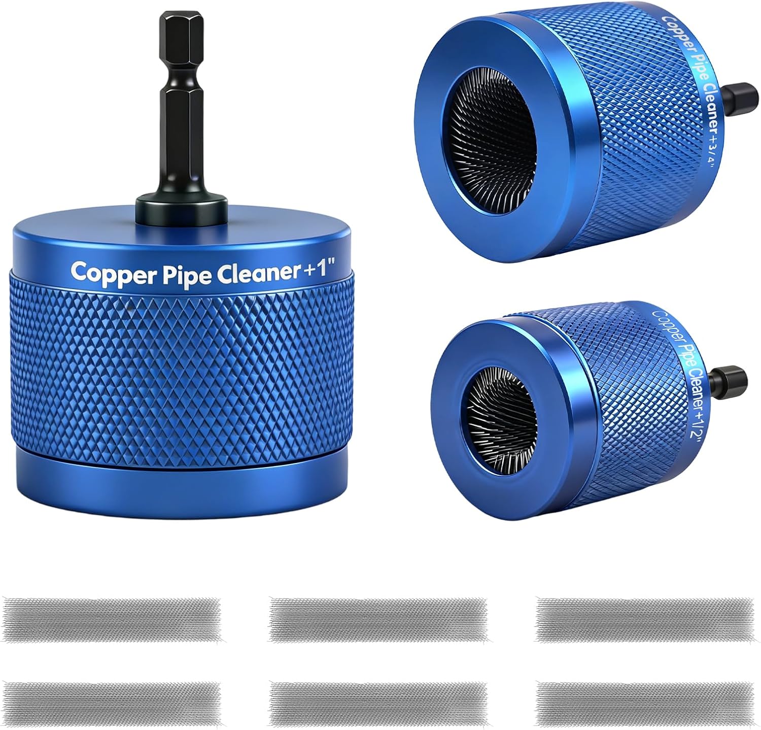 1/2" 3/4" & 1" Copper Pipe Cleaner for Drill, Metal Tube Cleaning Brushes with 1/4" Hex Shank, Includes 6 Replacement Blades, Plumbing Tools for Solder Prep, Rust and Paint Removal