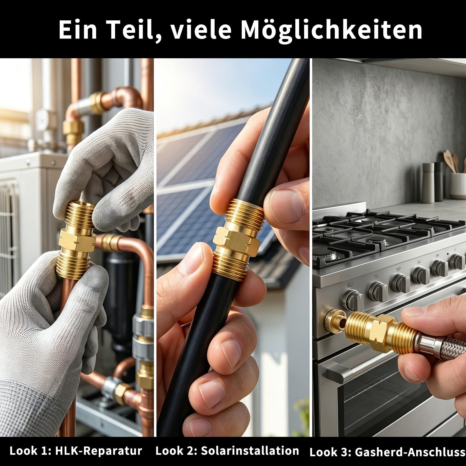 Gasschlauch Verbinder Doppelnippel 1/4 auf 1/4 Links Messing mit Dichtungsband 2 Stück