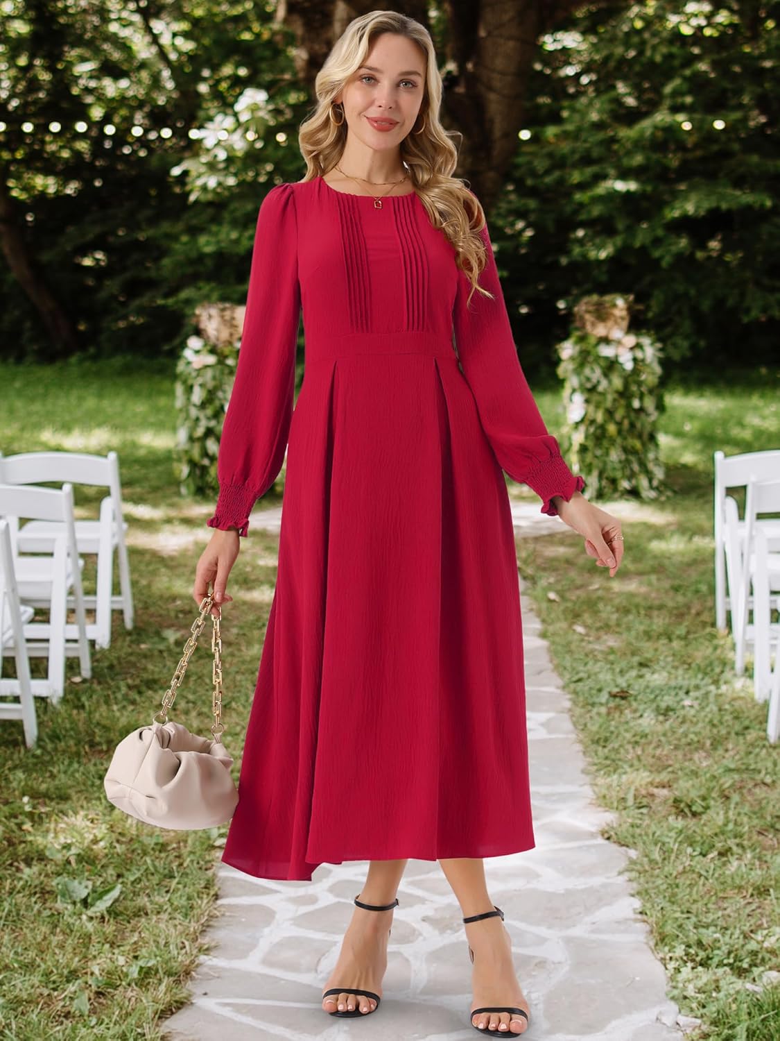 Seta T Women's Elegant Frilled Crewneck Midi Dress Long Sleeve Pleated A-Line Flowy Casual Dresses with Pockets, Medium - Image 4