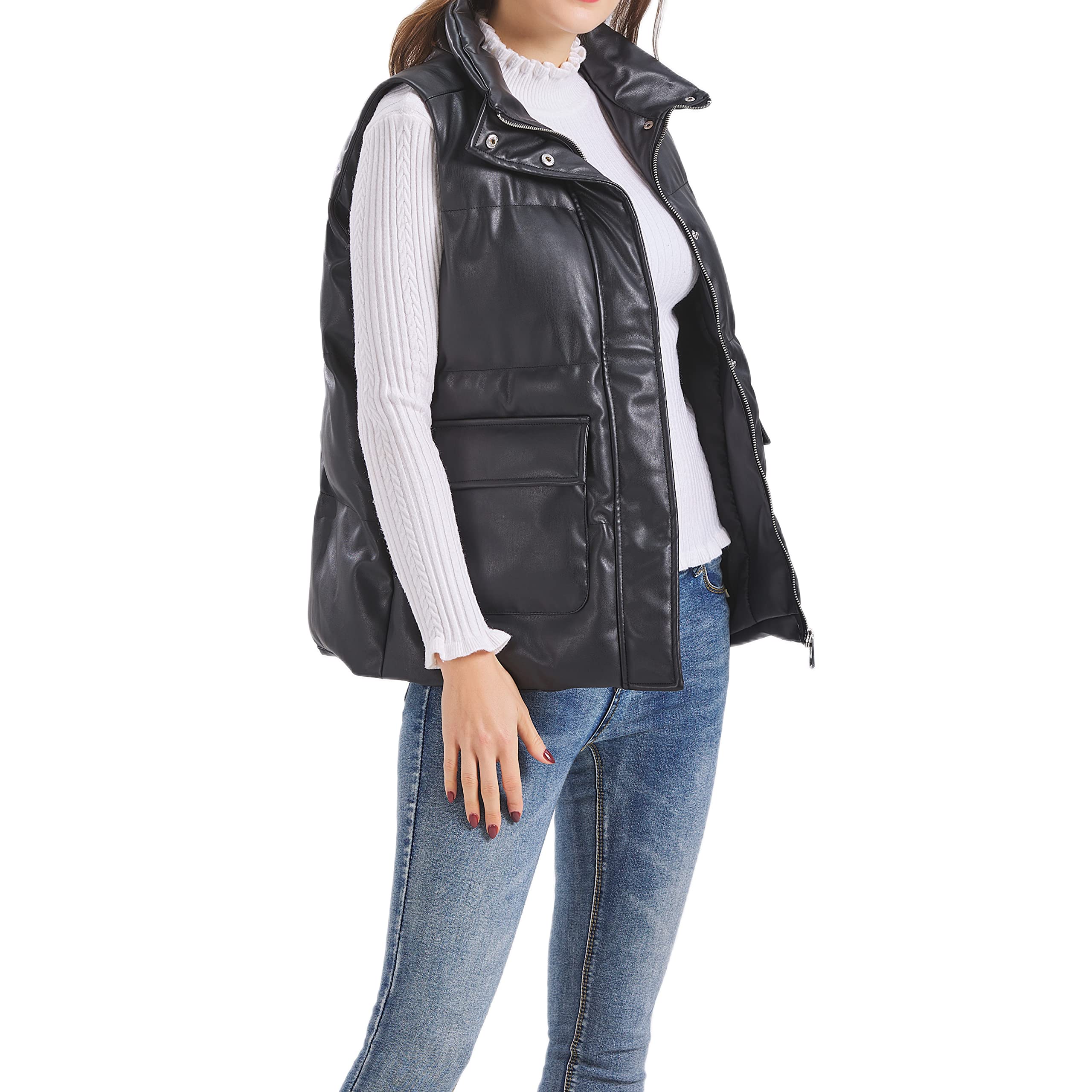 Women's Faux Leather Puffer Vest Winter Casual Spring
