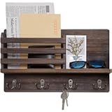Dahey Wall Mounted Mail Holder Wooden Key Holder Rack Mail Sorter Organizer with 4 Double Key Hooks and A Floating Shelf Rustic Home Decor for Entryway or Mudroom,15.7" W x9.3 Hx3.2 D, Brown