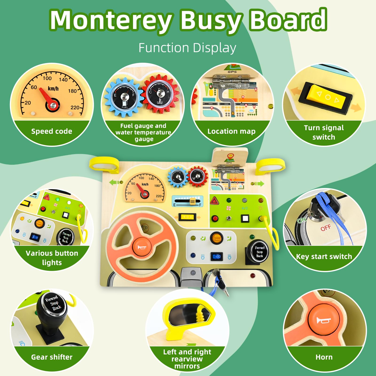 Ulikey Volant Analogique Montessori, Tableau Busy Board en Bois pour Bébés, Planche Occupée avec Volant Simulé et Interrupteurs Lumineux à LED, Enfants Activity Board Jouets avec Lettres