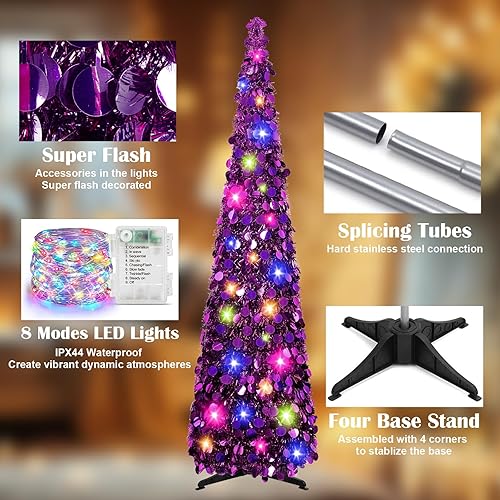 Miniatura 5 de MACTING - Árbol de Navidad de oropel de 5 pies con soporte