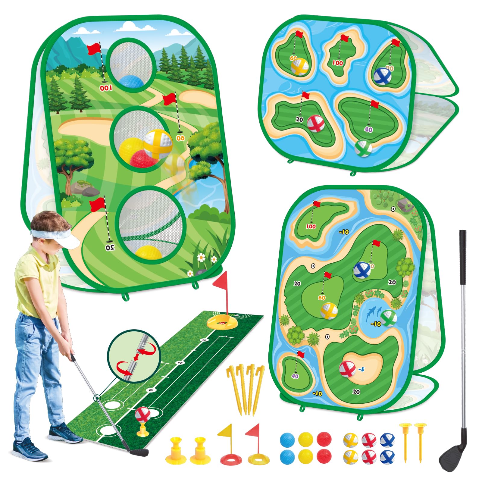 4 In 1 Kids Sticky Golf Games Set With Club, Golf Putting Practice Mat, 3 Sided Golf Chipping Net, Multiple Game Modes, Golf Cornhole Board Set, Outdoor & Indoor Golf Practice