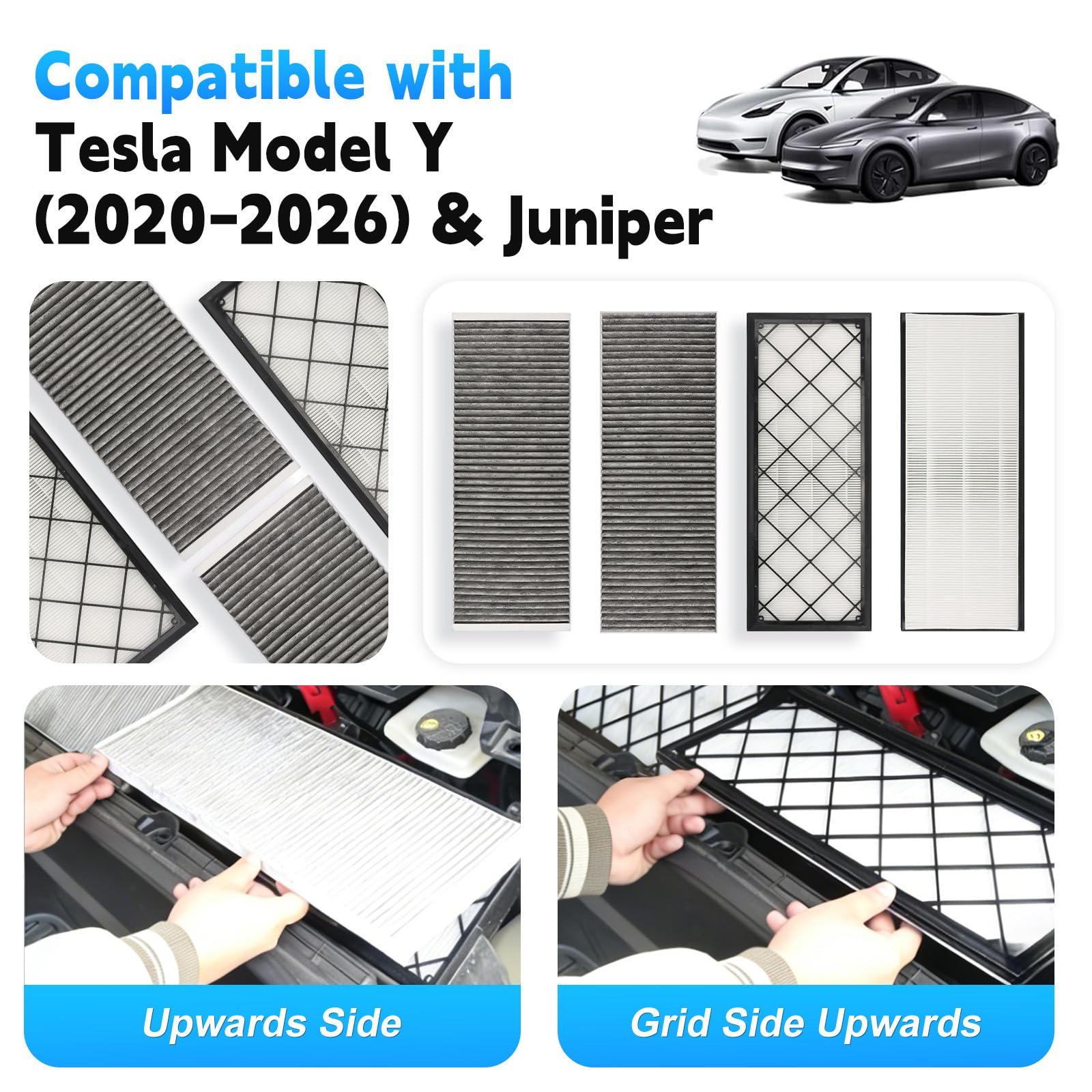 Juego de 4 filtros de habitáculo con carbón activado Compatible con Tesla Model Y (2020–2026) y Juniper, Kit de filtros de aire de repuesto con filtración de 5 capas para Coche