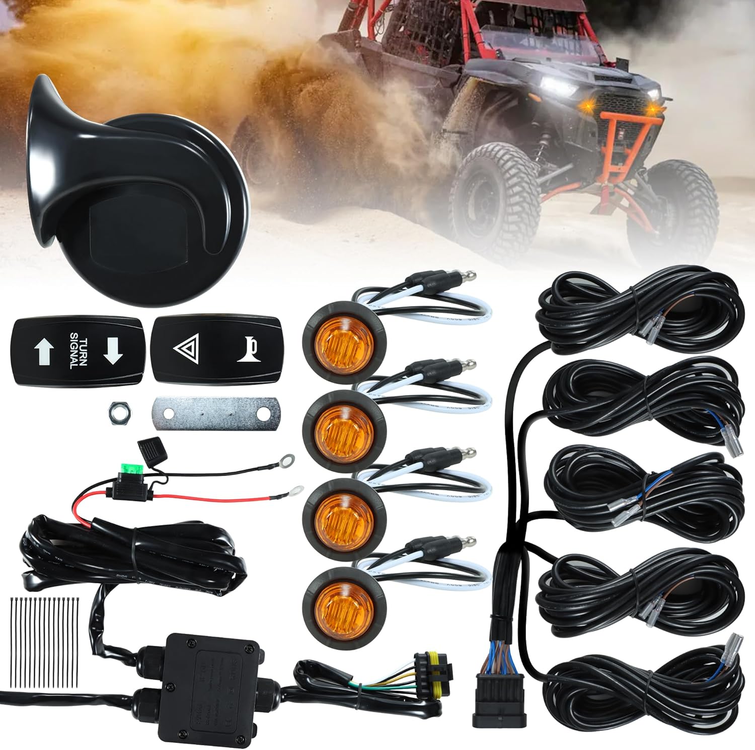 UTV Turn Signal Kit, Universal Street Legal with Rocker Switch, Hazard Light, Plug and Play Blinker Kit Compatible with Polaris, Can-Am, Kawasaki, CFMOTO Pioneer, Pre-Wired