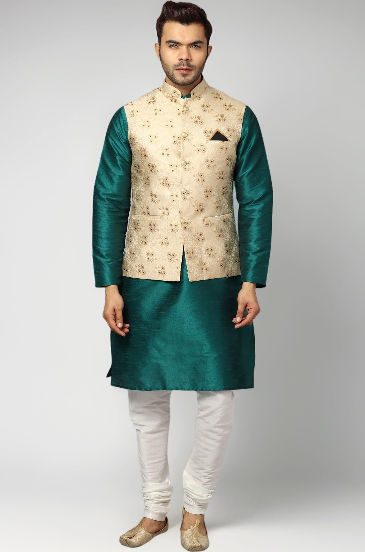 Ethluxis® Men's Silk Blend Kurta Churidar Pyjama with Ethnic Bundi Jacket Set