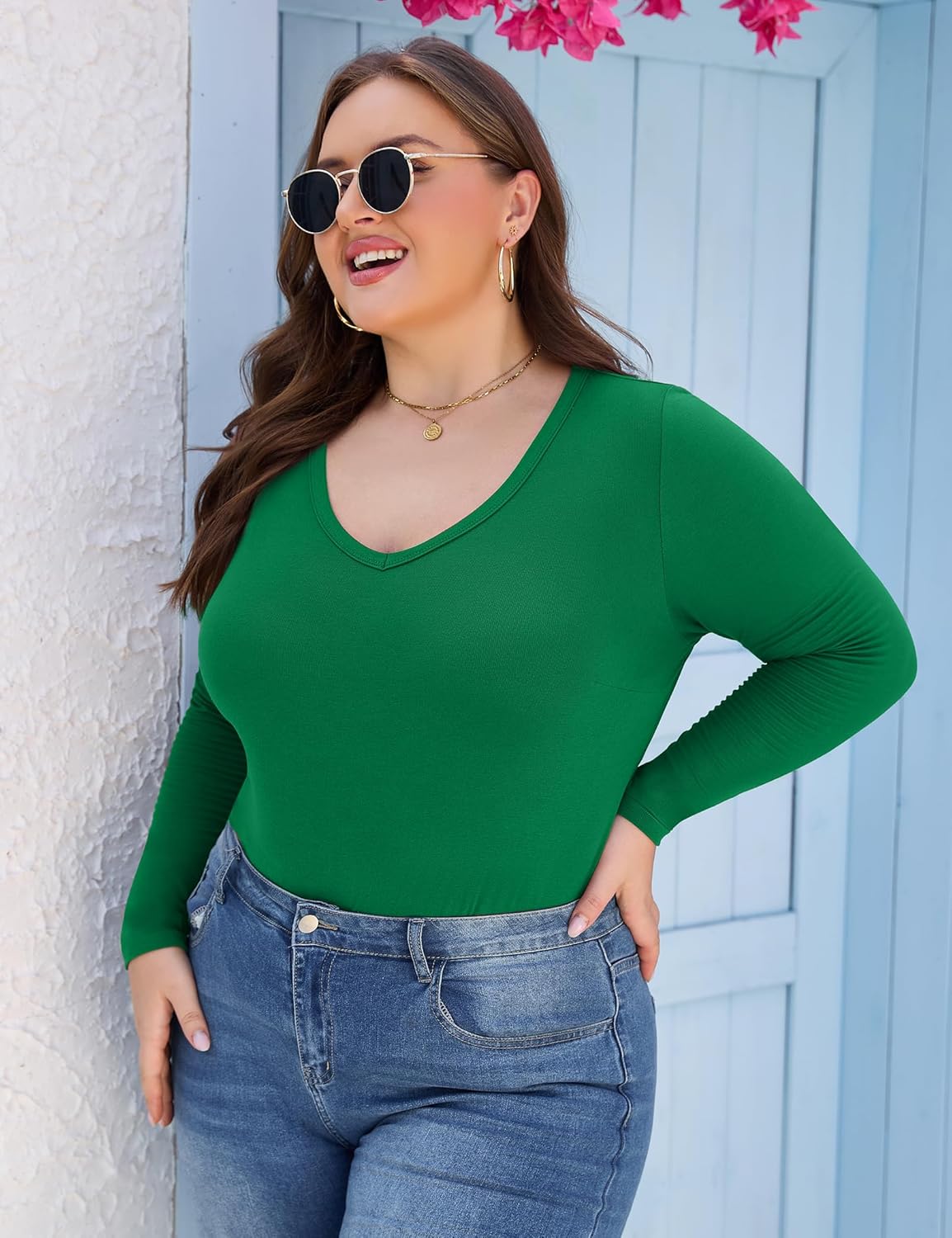 FOREYOND Women's Plus Size Long Sleeve Shirt V Neck Slim Fitted Tshirts Casual Basic Bodycon Basic Tops Undershirts - Image 3