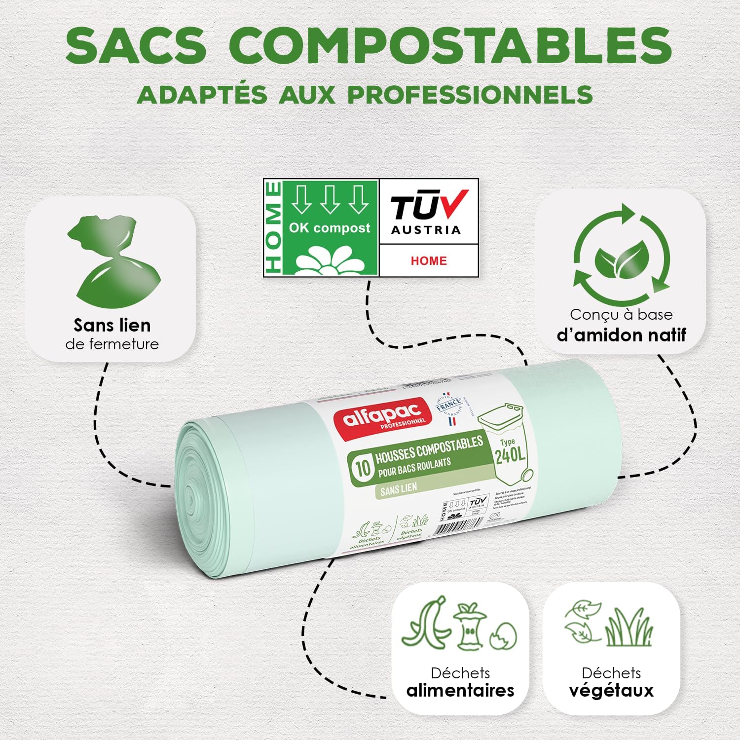 Alfapac Professional - Cartone da 100 fodere compostabili da 240 l, per cassetto rotelle, 5 rotoli da 20 coperture, prodotte in Francia, per rifiuti organici